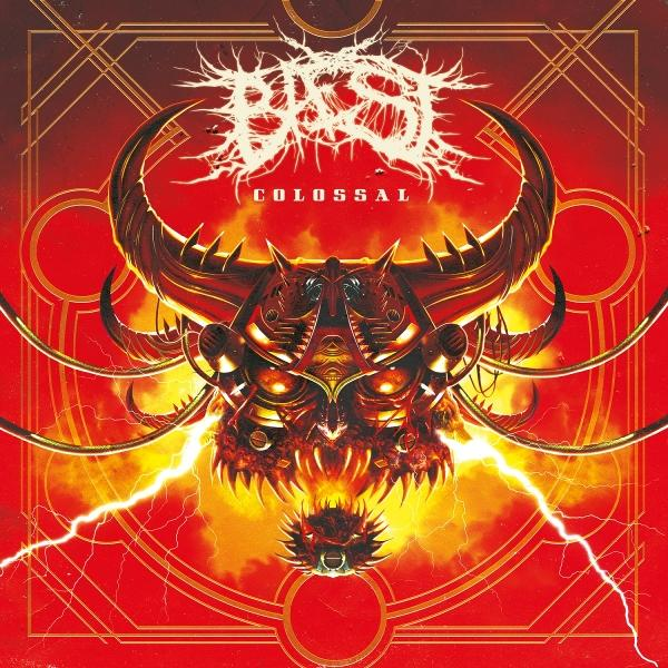 Albumcover-Artwork mit dämonischem Gesicht, Hörnern und rotem Hintergrund. Das Wort 'Colossal' ist vorhanden.