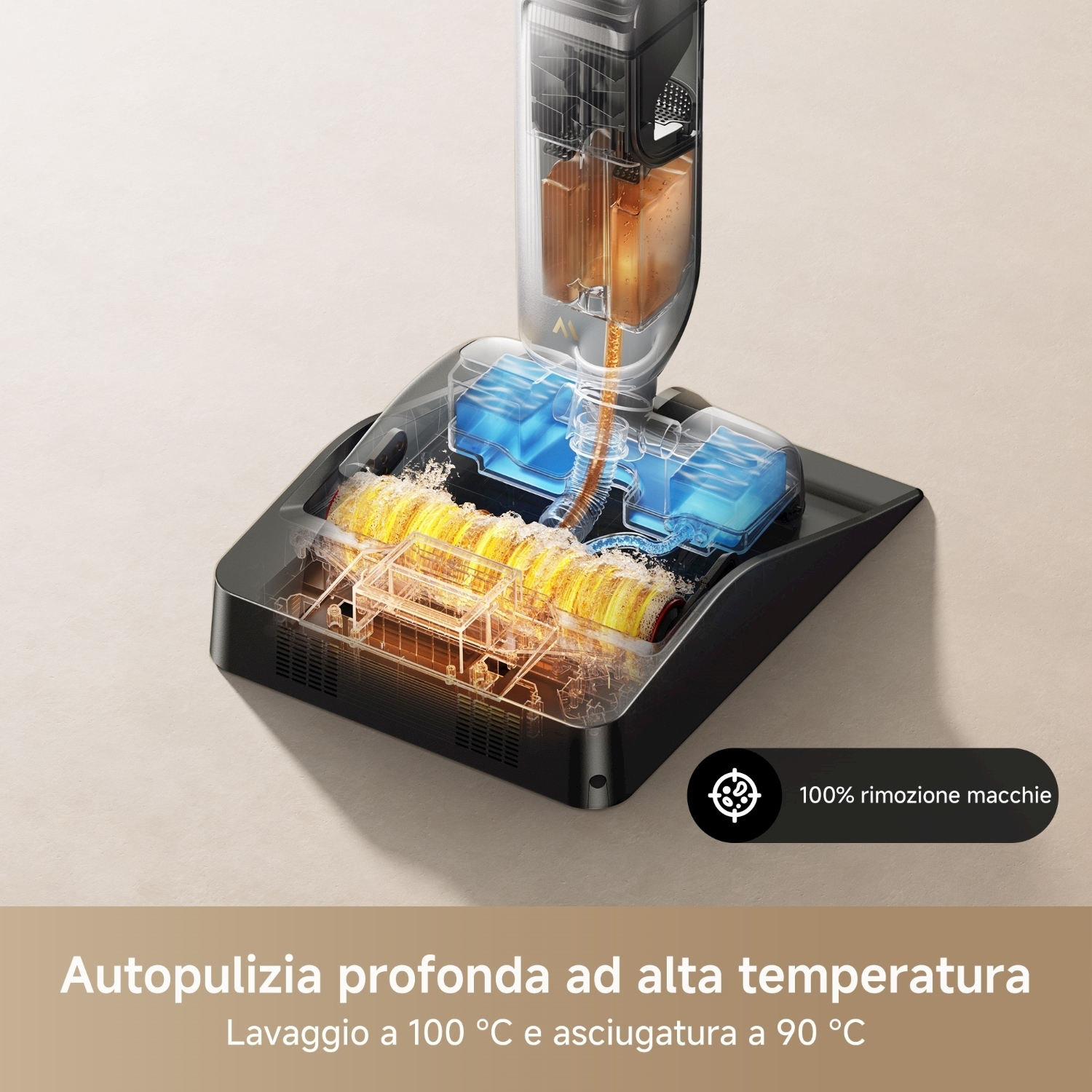 I componenti dell'aspirapolvere sono mostrati in una vista a sezione, evidenziando le funzioni di pulizia e autopulizia.