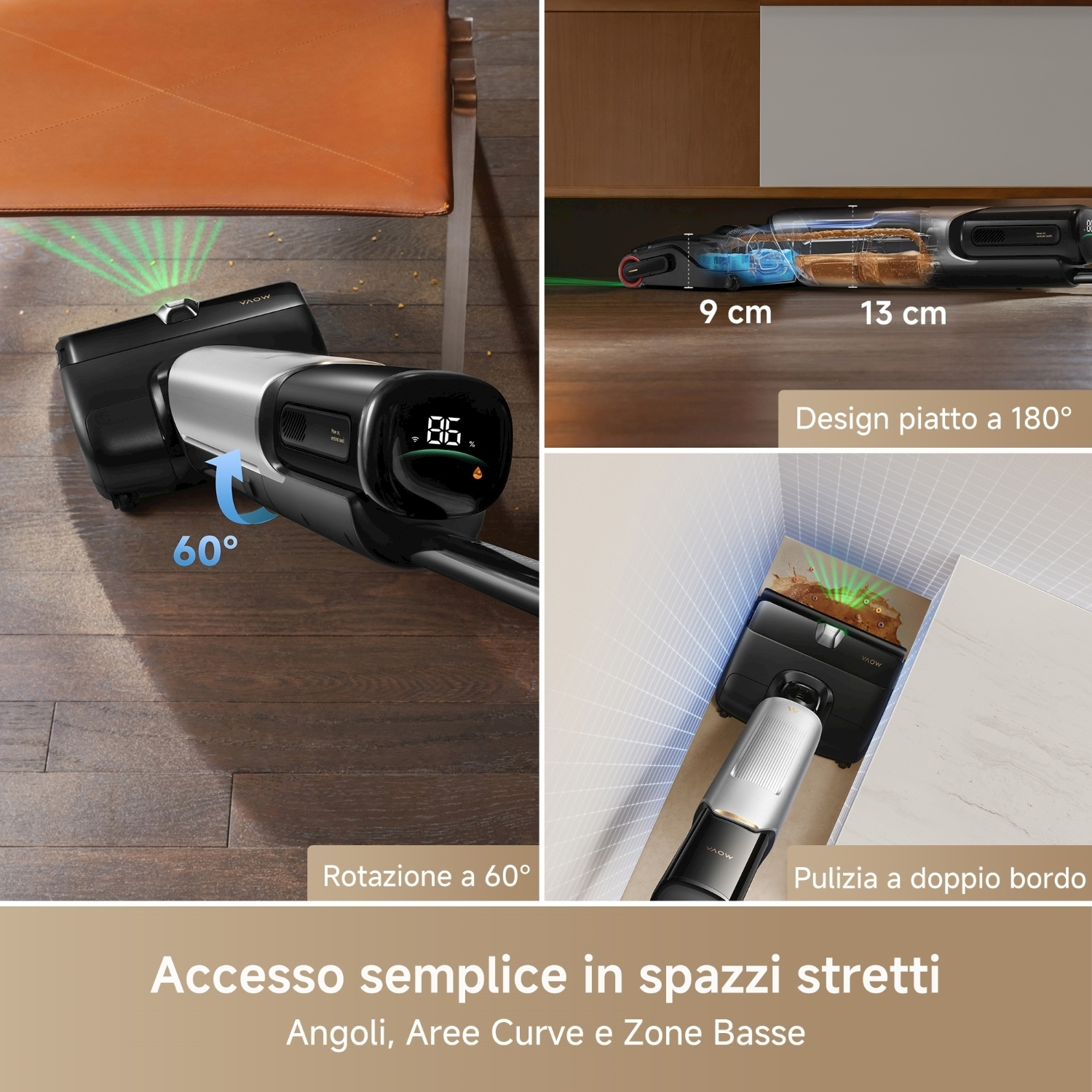 Un aspirapolvere con varie funzionalità, che mostra angolazioni e design.