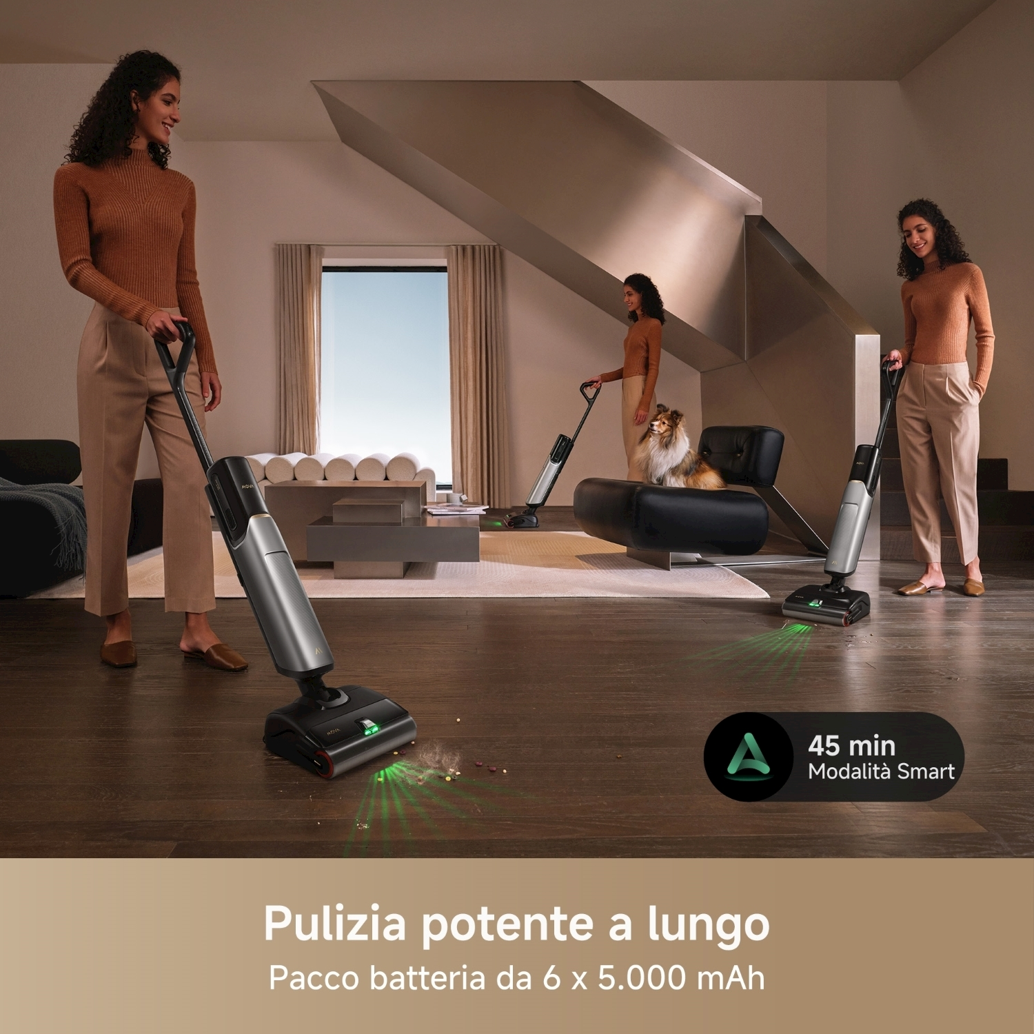 Tre persone usano macchine per la pulizia in una casa moderna. Uno con un cane. Testo: Pulizia potente a lungo.