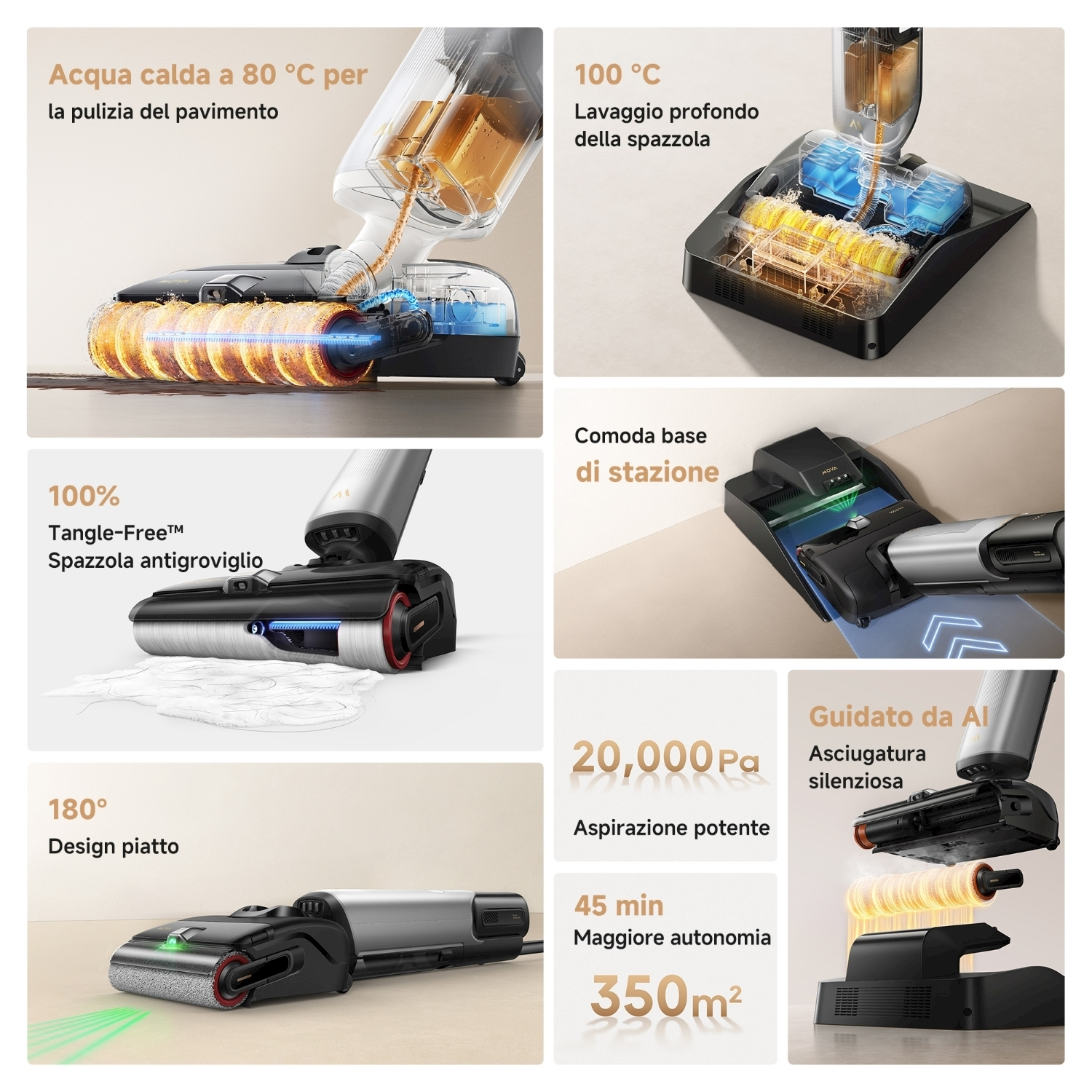 Diagramma che mostra le parti dell'aspirapolvere. Include riscaldamento dell'acqua, pulizia della spazzola, tecnologia anti-groviglio e design piatto.