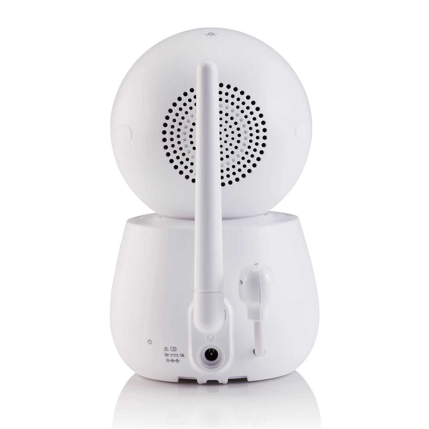 Arrière moniteur bébé blanc, antenne, ports.