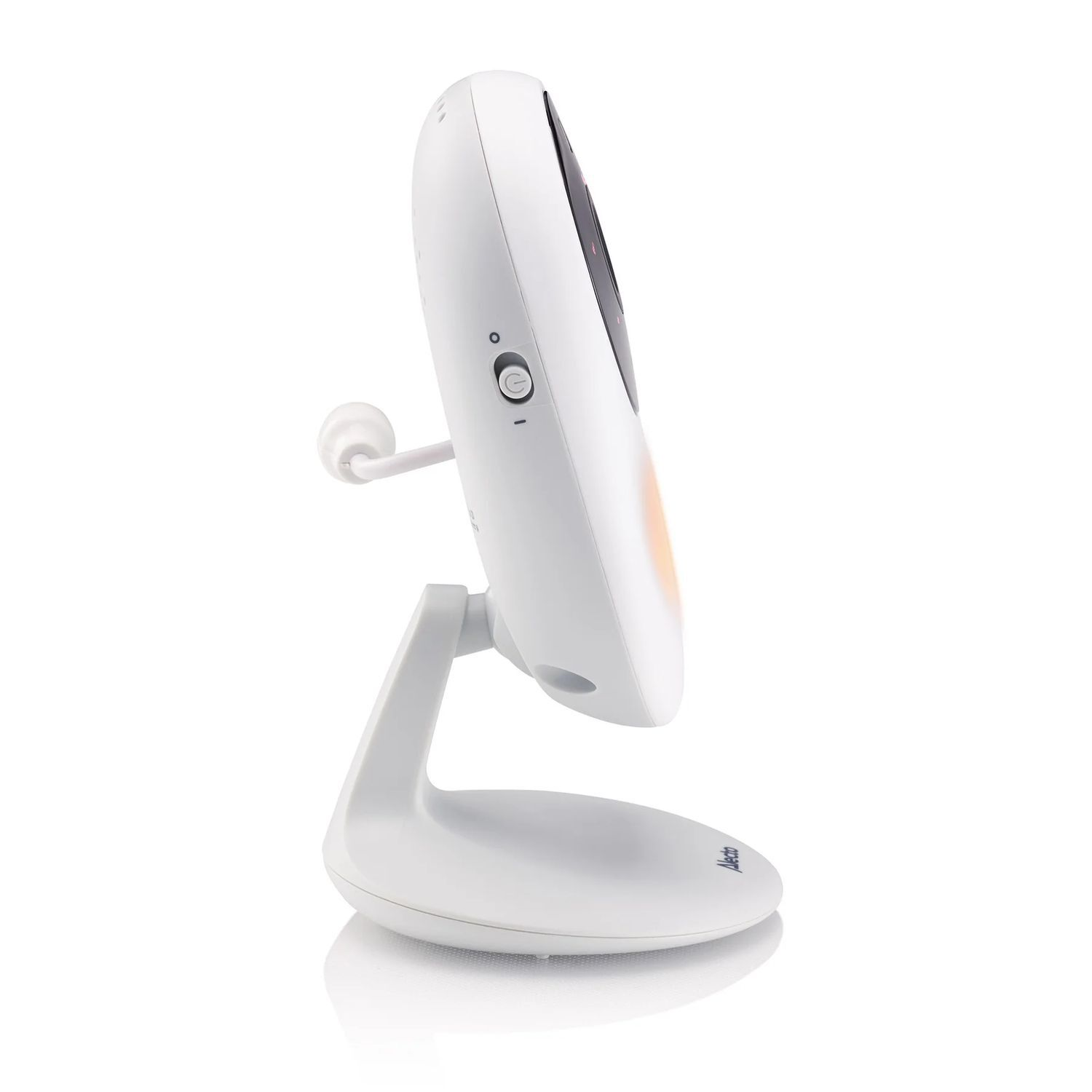 White baby monitor with a screen and a stand. The screen shows an orange glow.
