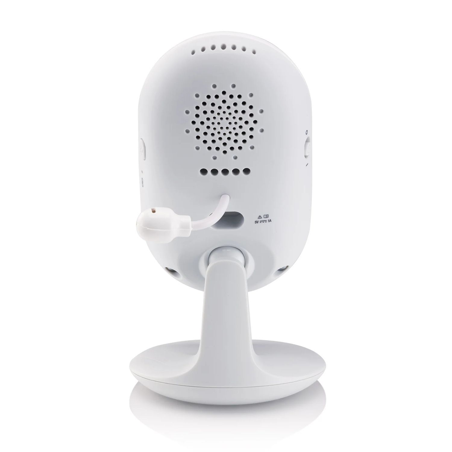 White baby monitor, rear view. Features a speaker grill, ports, and a stand. The cable is white.