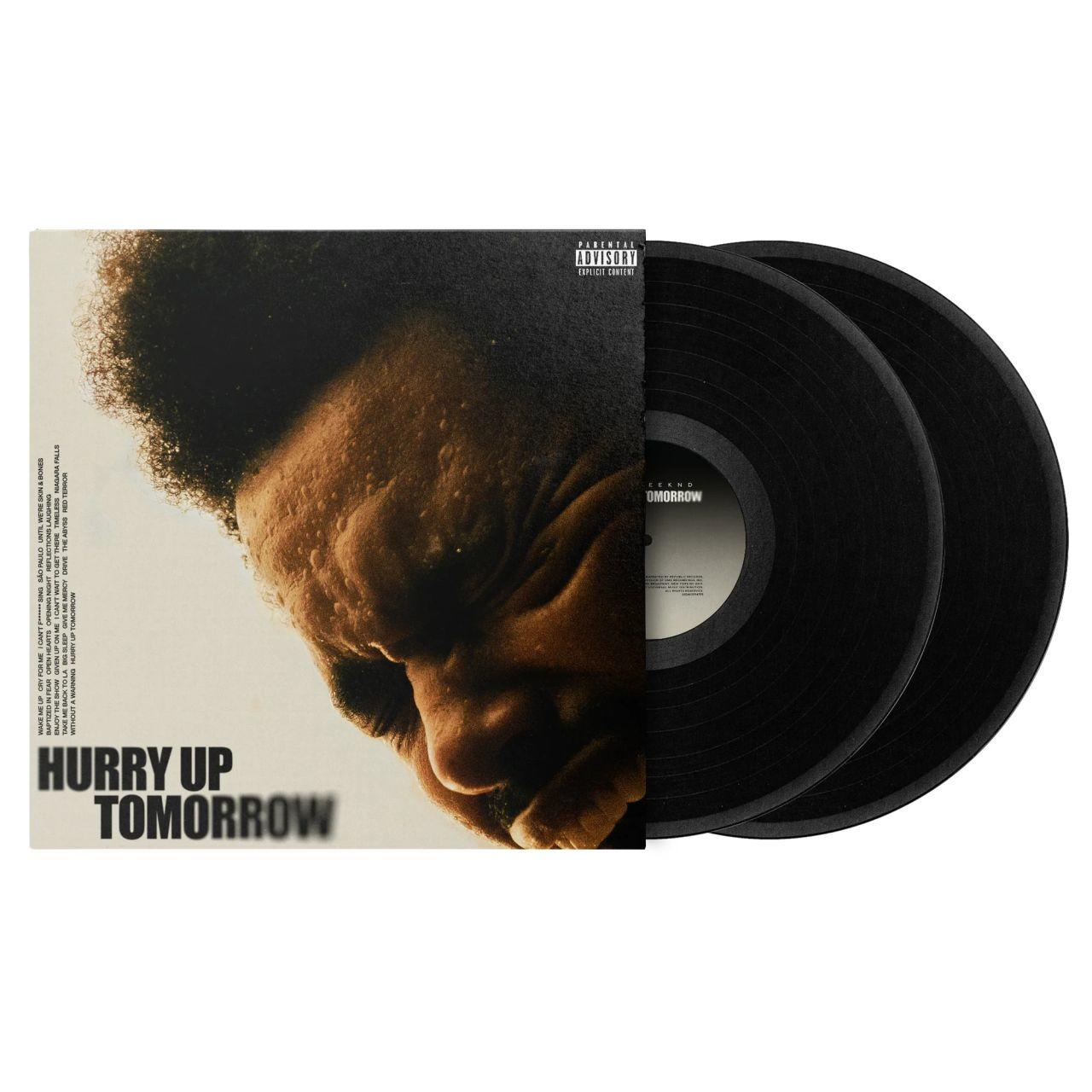 'Hurry Up Tomorrow' album borítója és két fekete bakelit lemez.