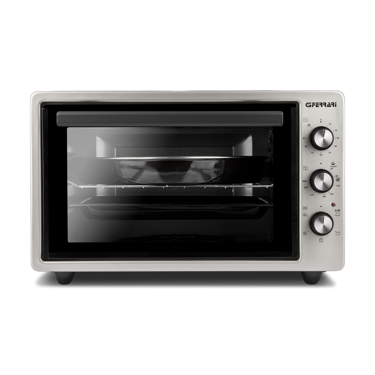 Forno argentato con porta a vetro, manopole e ripiani interni.