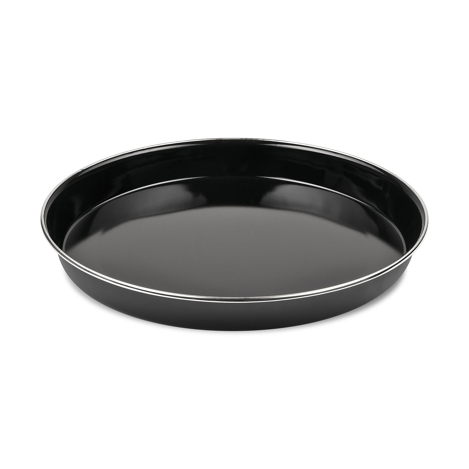 Teglia nera, ovale, con bordo argentato, vuota e vista dall'alto.