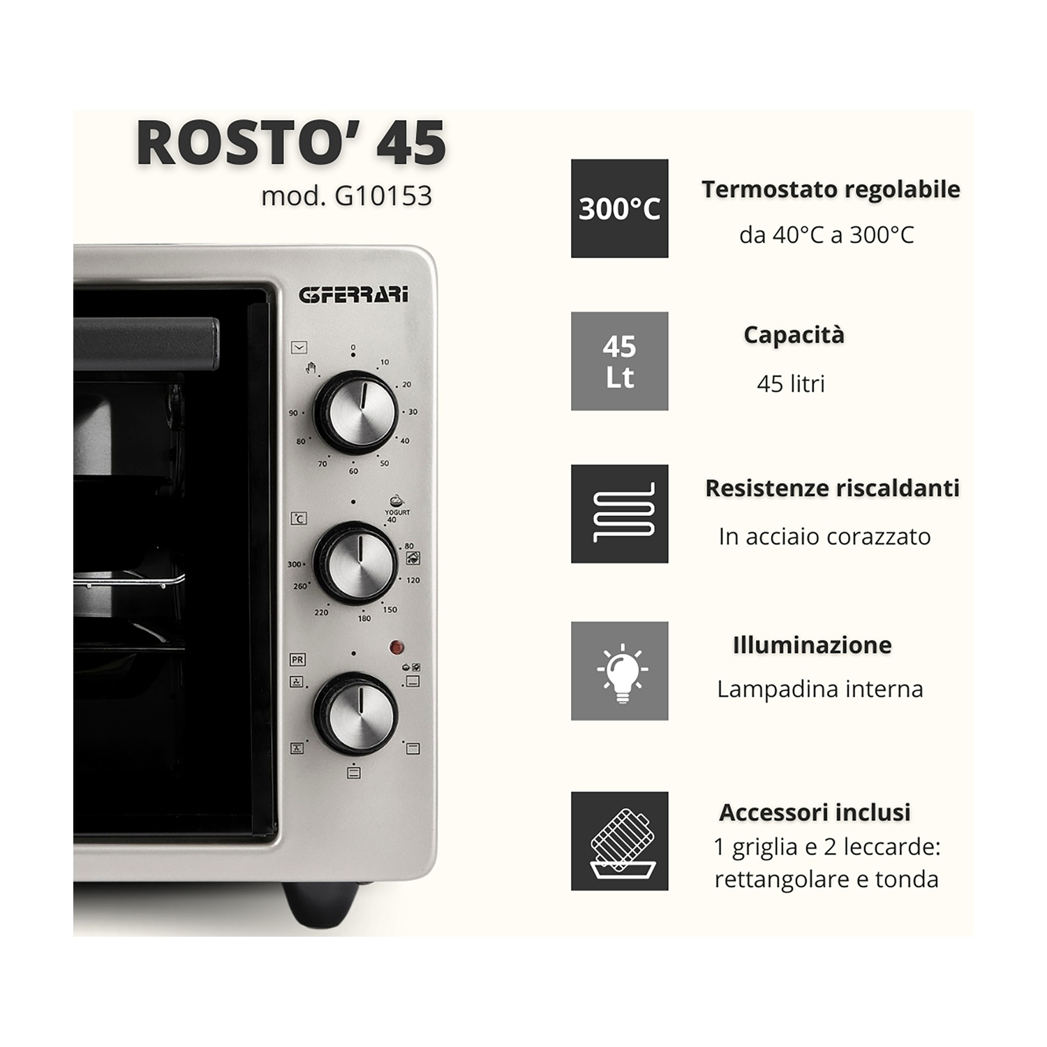 Forno con quadranti e dettagli testuali, inclusa temperatura e capacità.