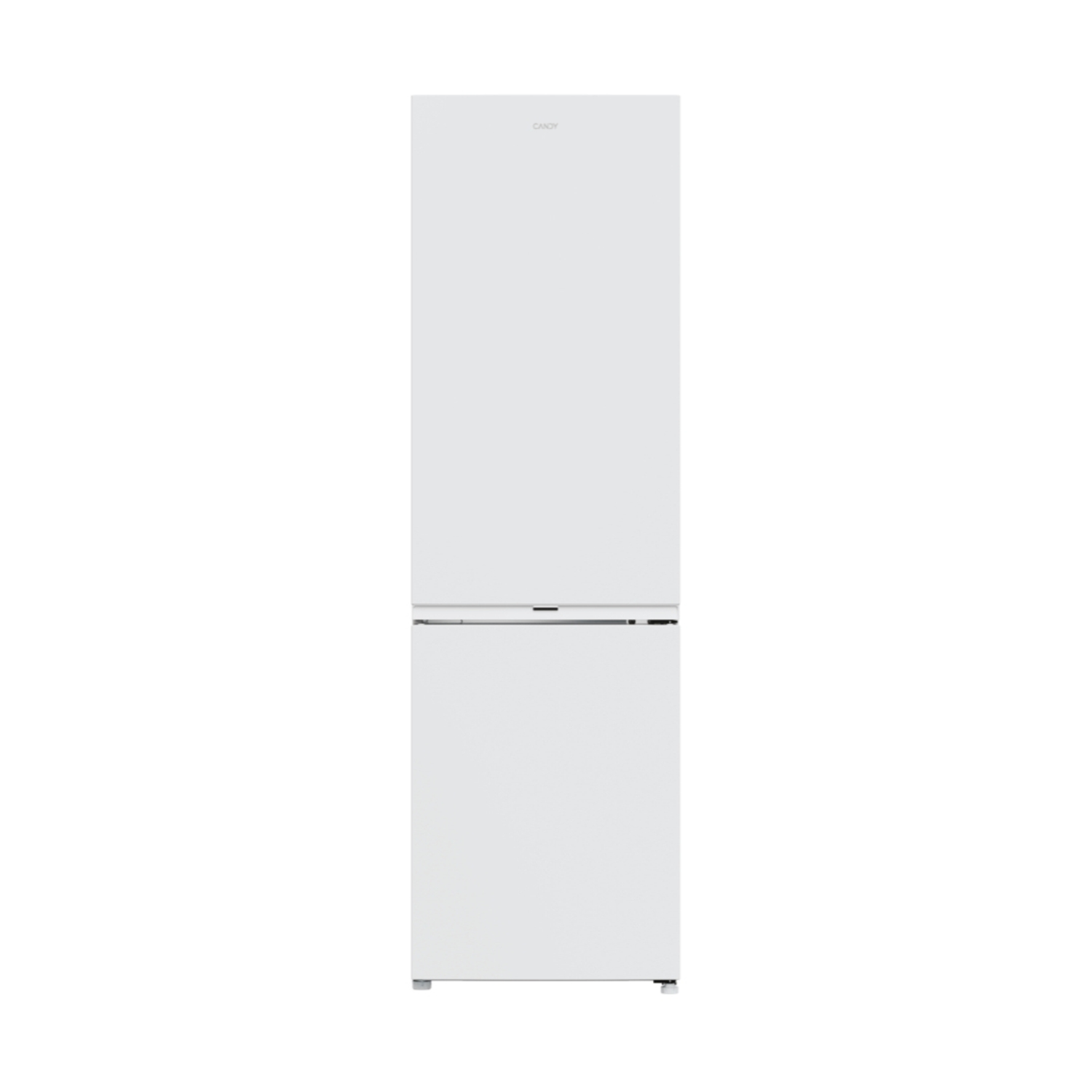 Un frigorifero bianco con congelatore inferiore, con un design pulito e minimalista, isolato su bianco.