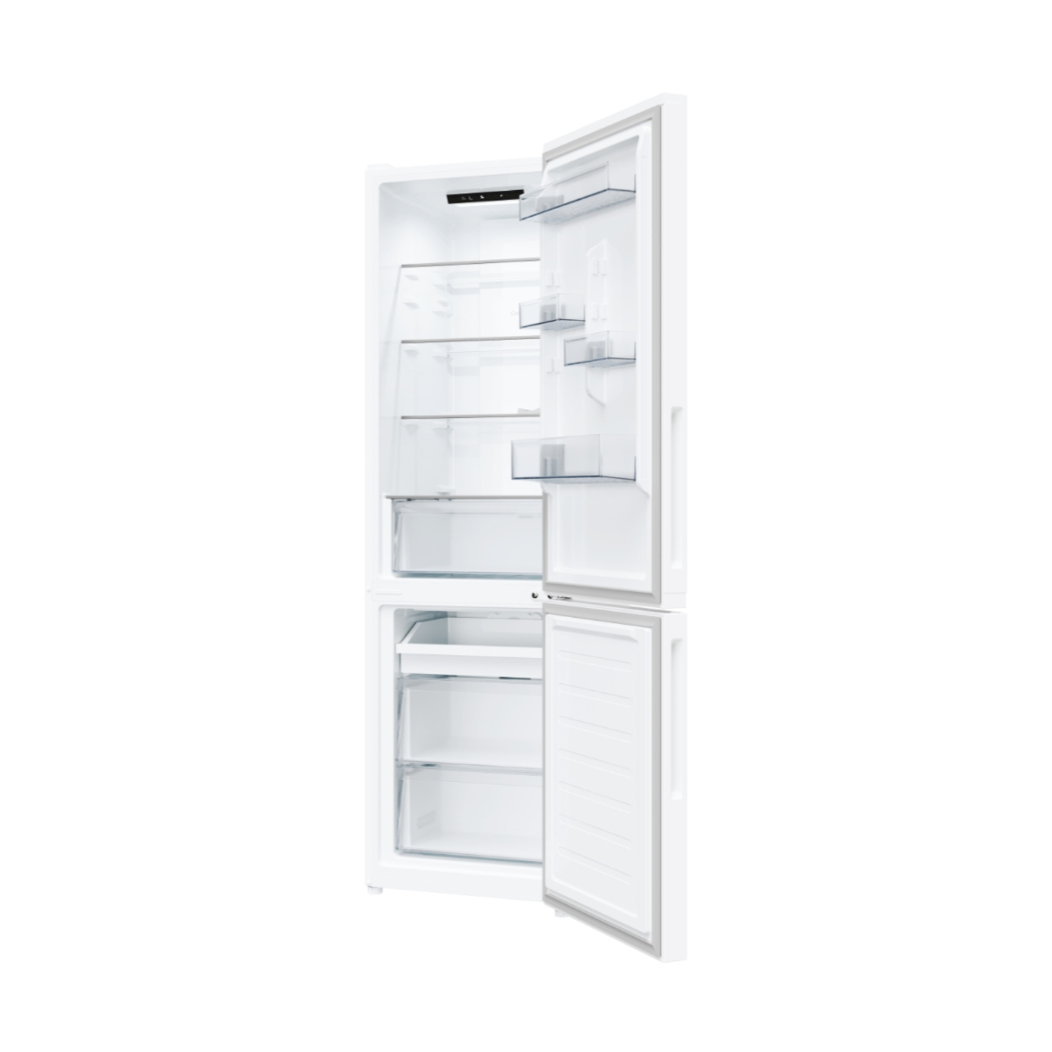 Un frigorifero bianco con due porte aperte. L'interno mostra ripiani e scomparti su uno sfondo bianco brillante.