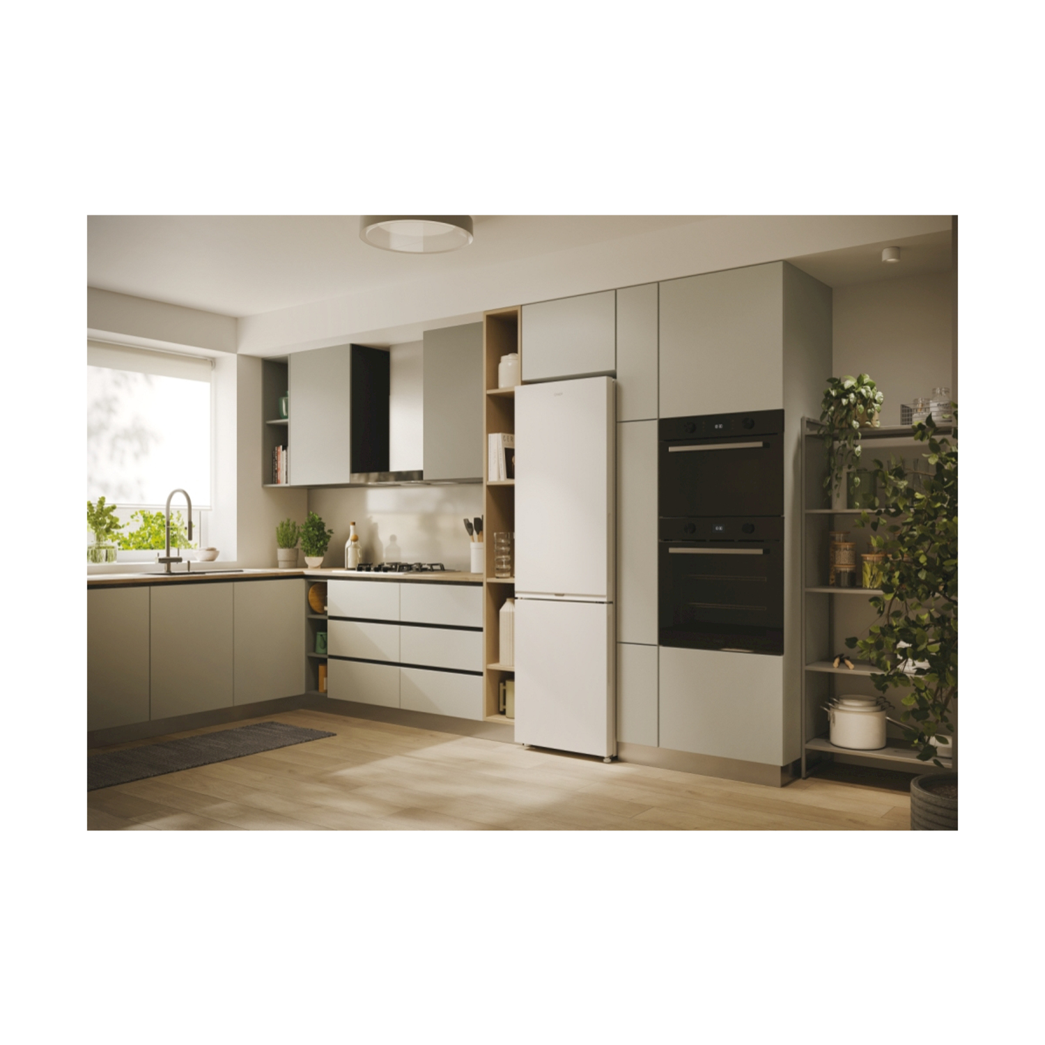 Cucina moderna con mobili grigio chiaro e frigorifero bianco. Piante e finestra visibili.