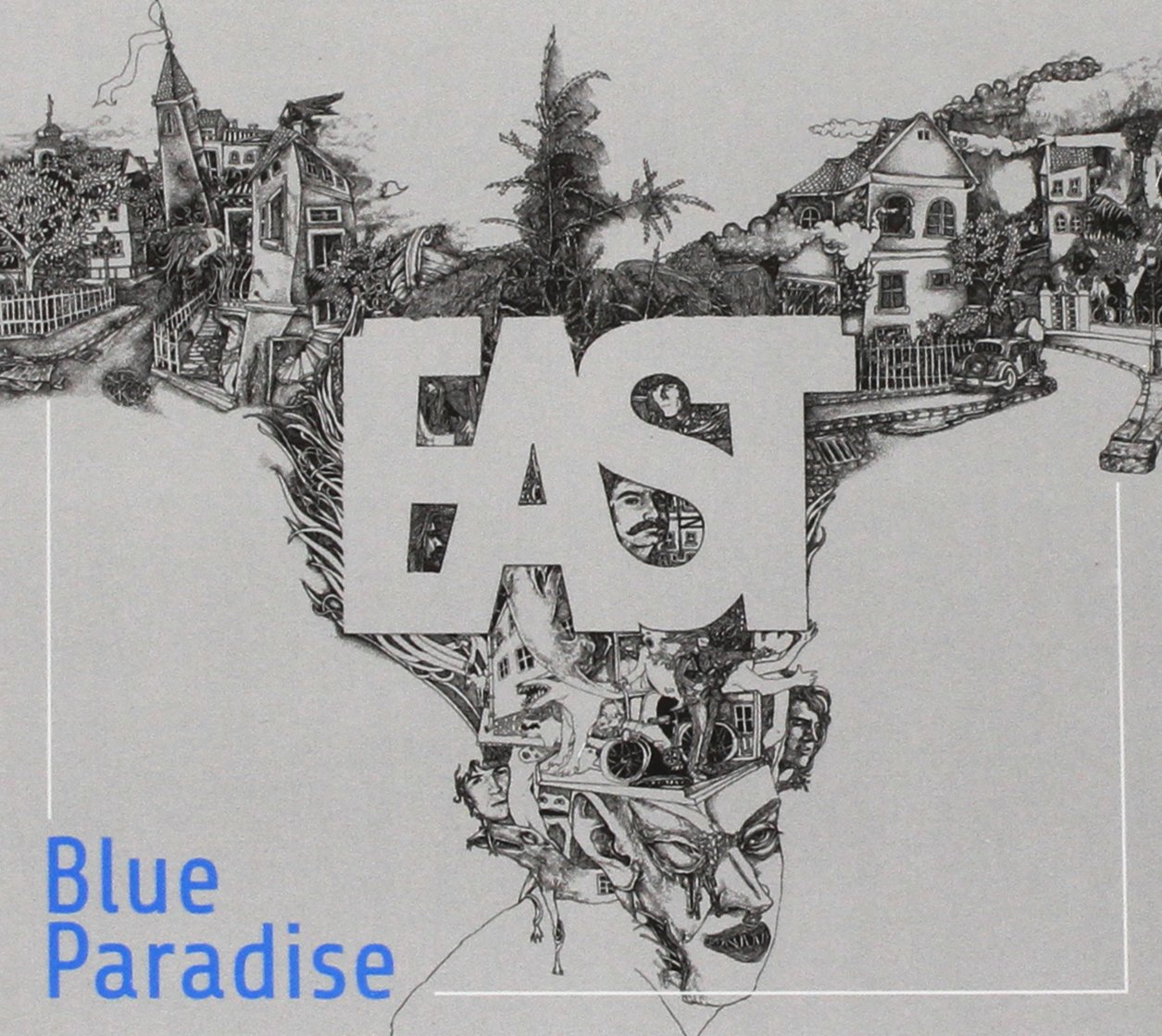 A 'Blue Paradise' albumborítója, egy szürreális illusztrációval egy fejről és egy városról.