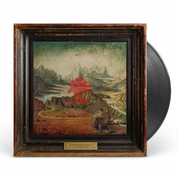 Albumcover mit Gemälde in einem Rahmen. Ein roter Baum steht auf einem Hügel. Vinyl rechts.