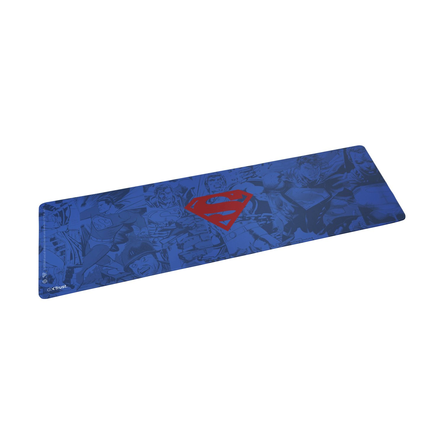 Tappetino per mouse blu con logo Superman e immagini in stile fumetto.