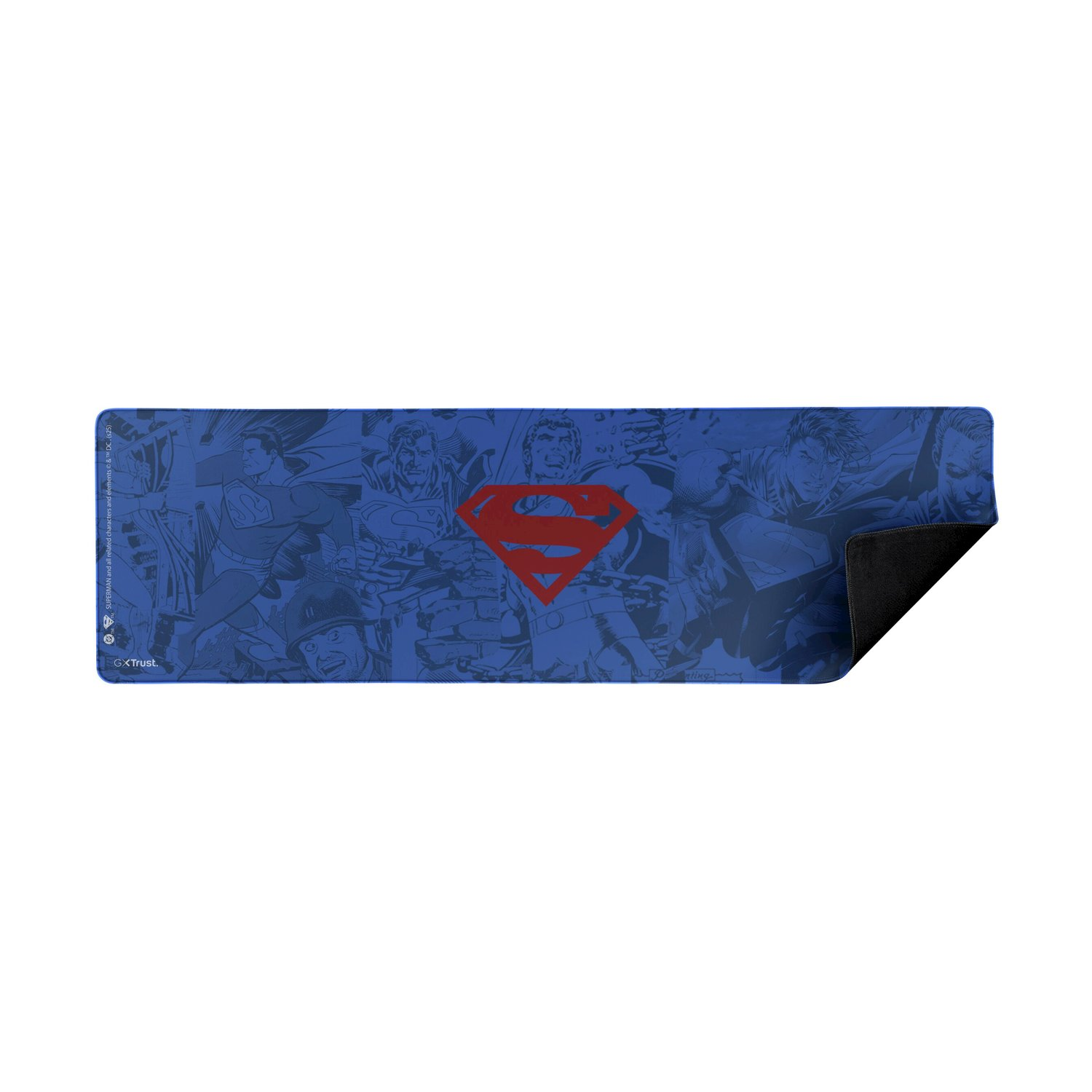 Tappetino per mouse blu con collage di fumetti di Superman, logo Superman rosso.