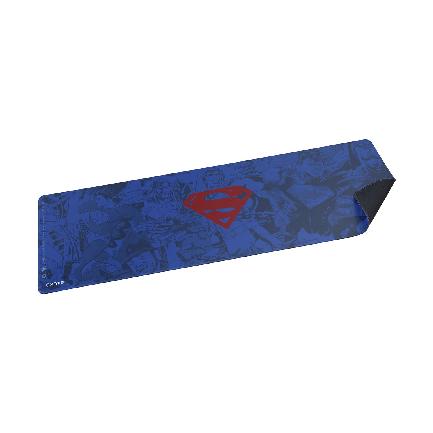 Tappetino per mouse a tema Superman con immagini di fumetti e logo rosso.