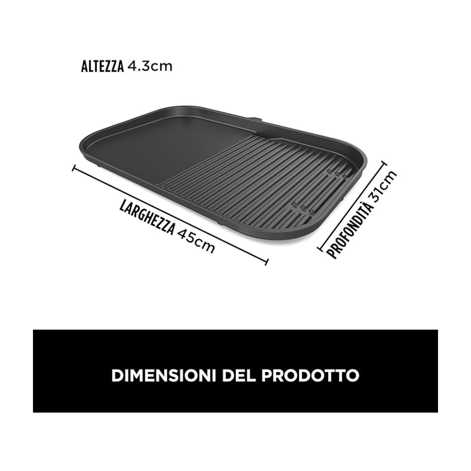 Padella grill rettangolare nera con dimensioni e testo in italiano.