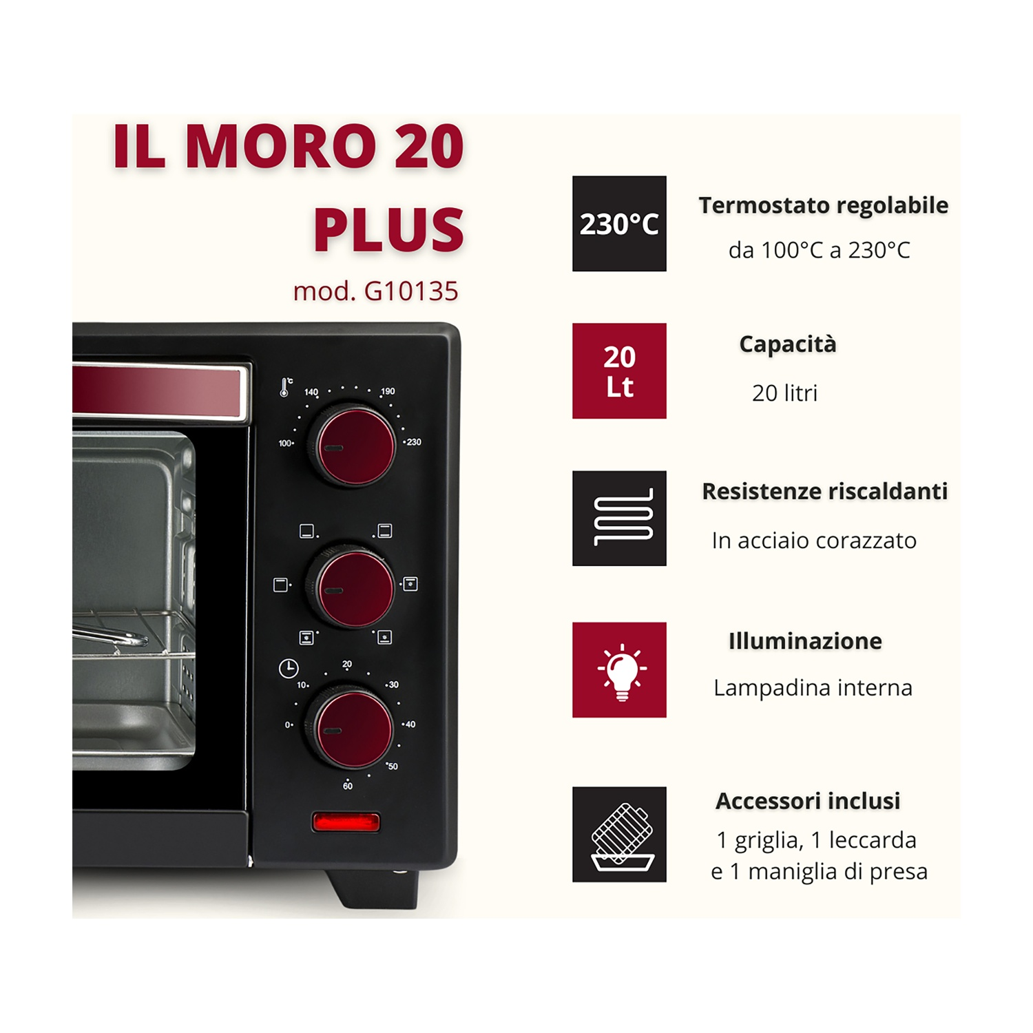 Forno nero con manopole rosse ed etichette. Dettagli del testo.