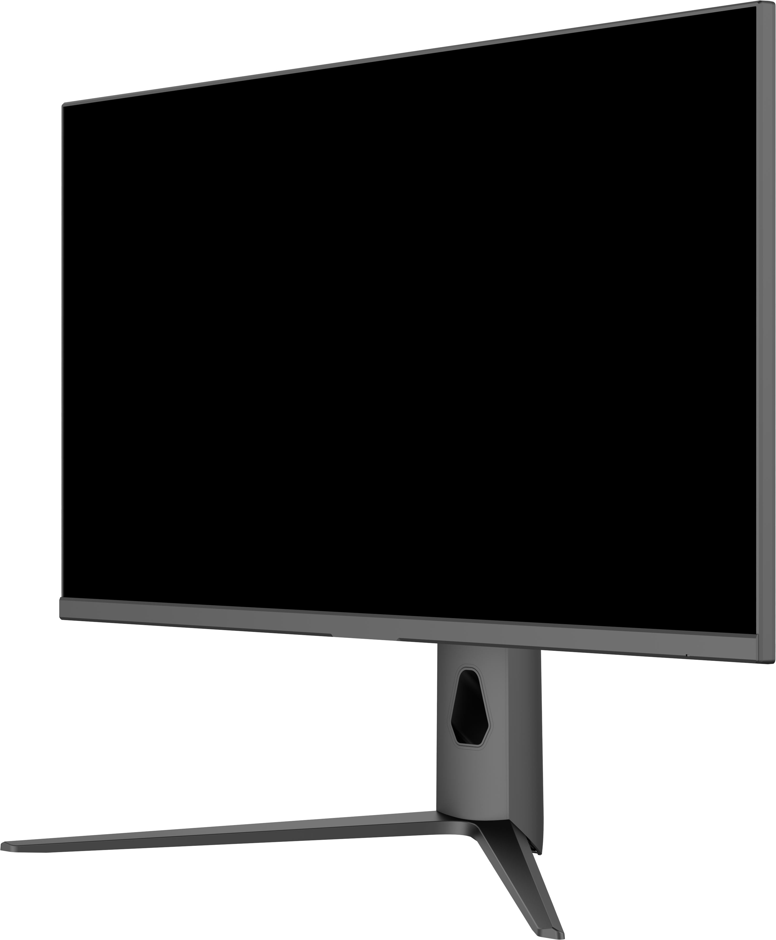Moniteur sur fond noir, vue de côté en angle.