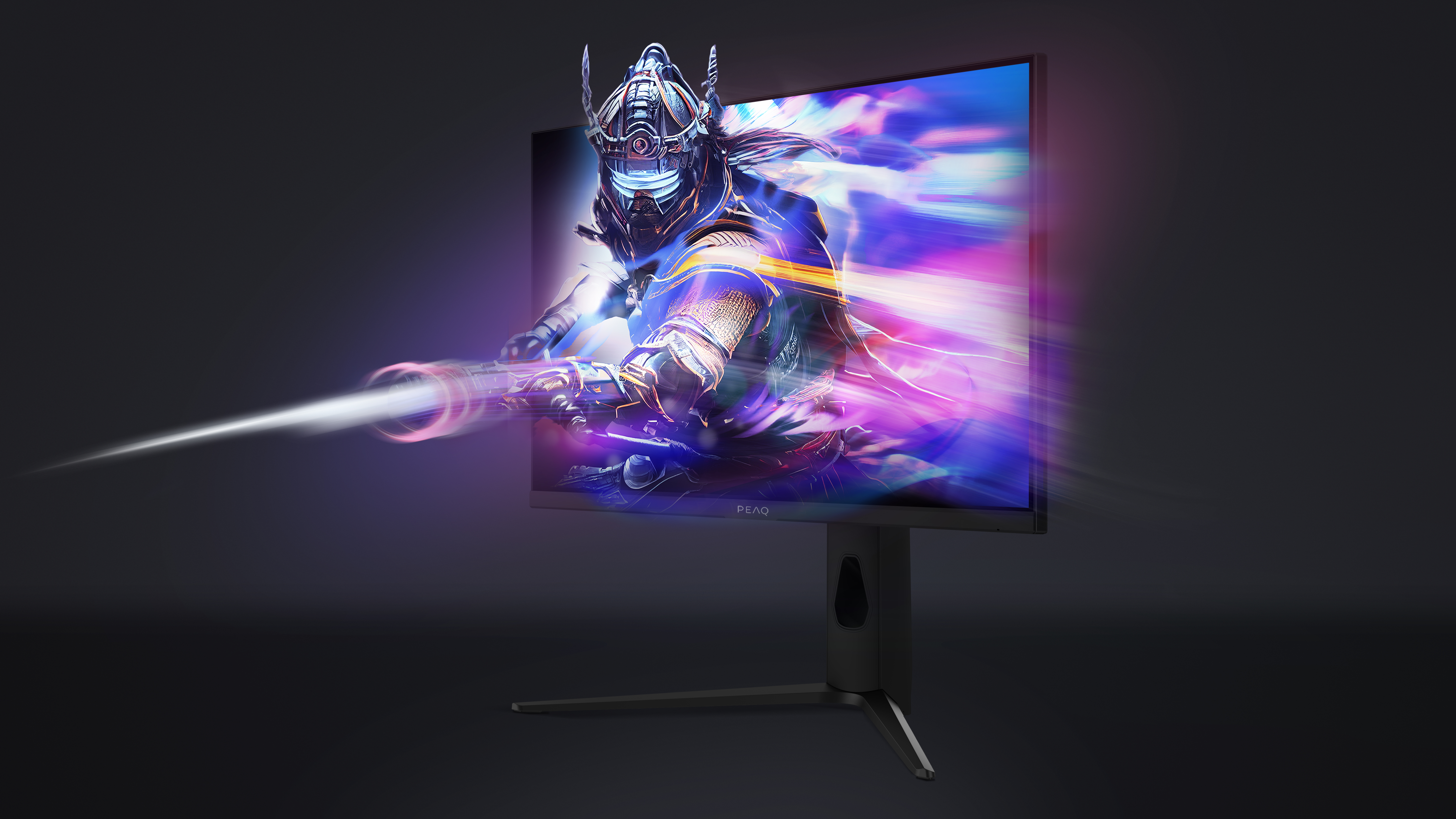Un moniteur de jeu affichant une scène de jeu. Un chevalier avec une arme est au centre.