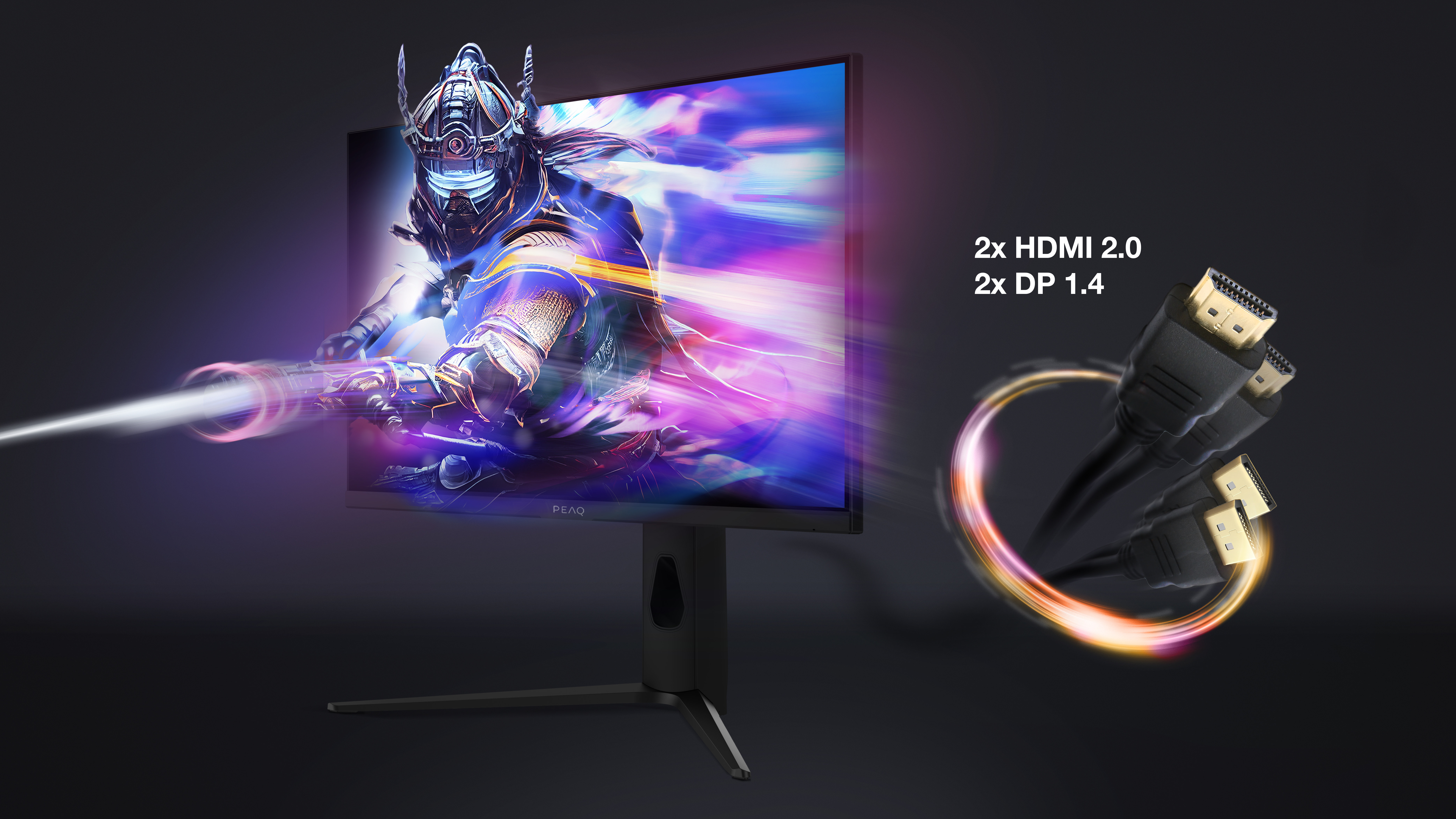 Un moniteur de jeu avec un guerrier à l'écran et deux câbles HDMI.