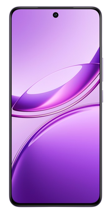 Ein lila Smartphone mit gebogenem Bildschirm, einer Kamera und einem schwarzen Rahmen auf schwarzem Grund.
