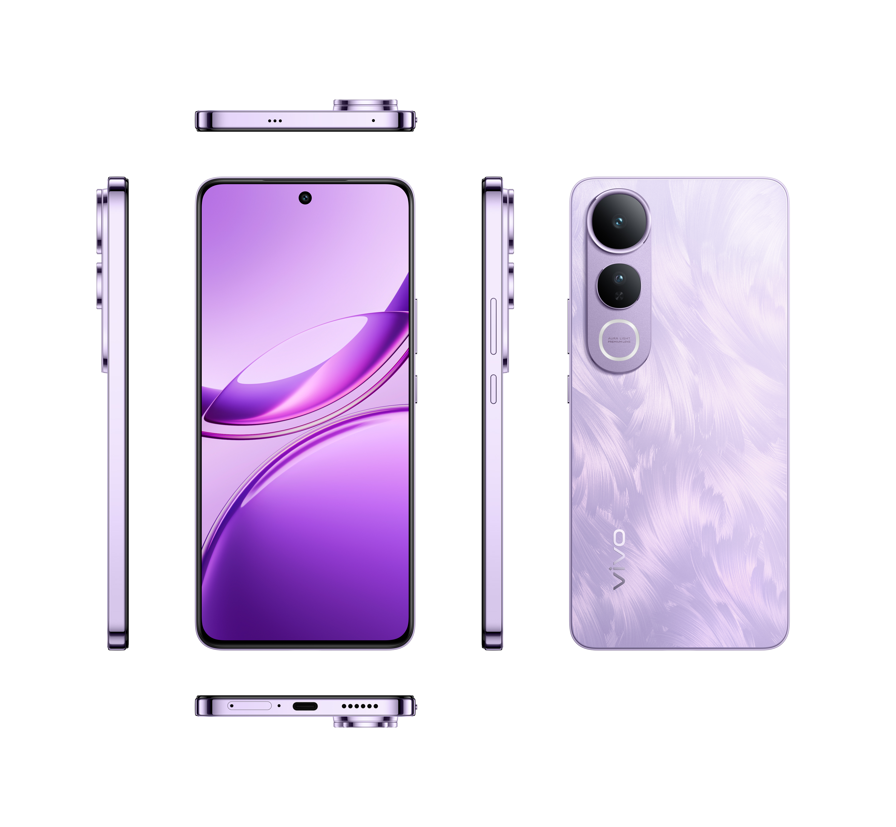 Ein Mobiltelefon in lilafarbener Tönung mit Kameraeinrichtung.