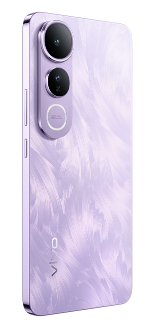 Lila Smartphone mit drei Kameralinsen und weißem Logo.