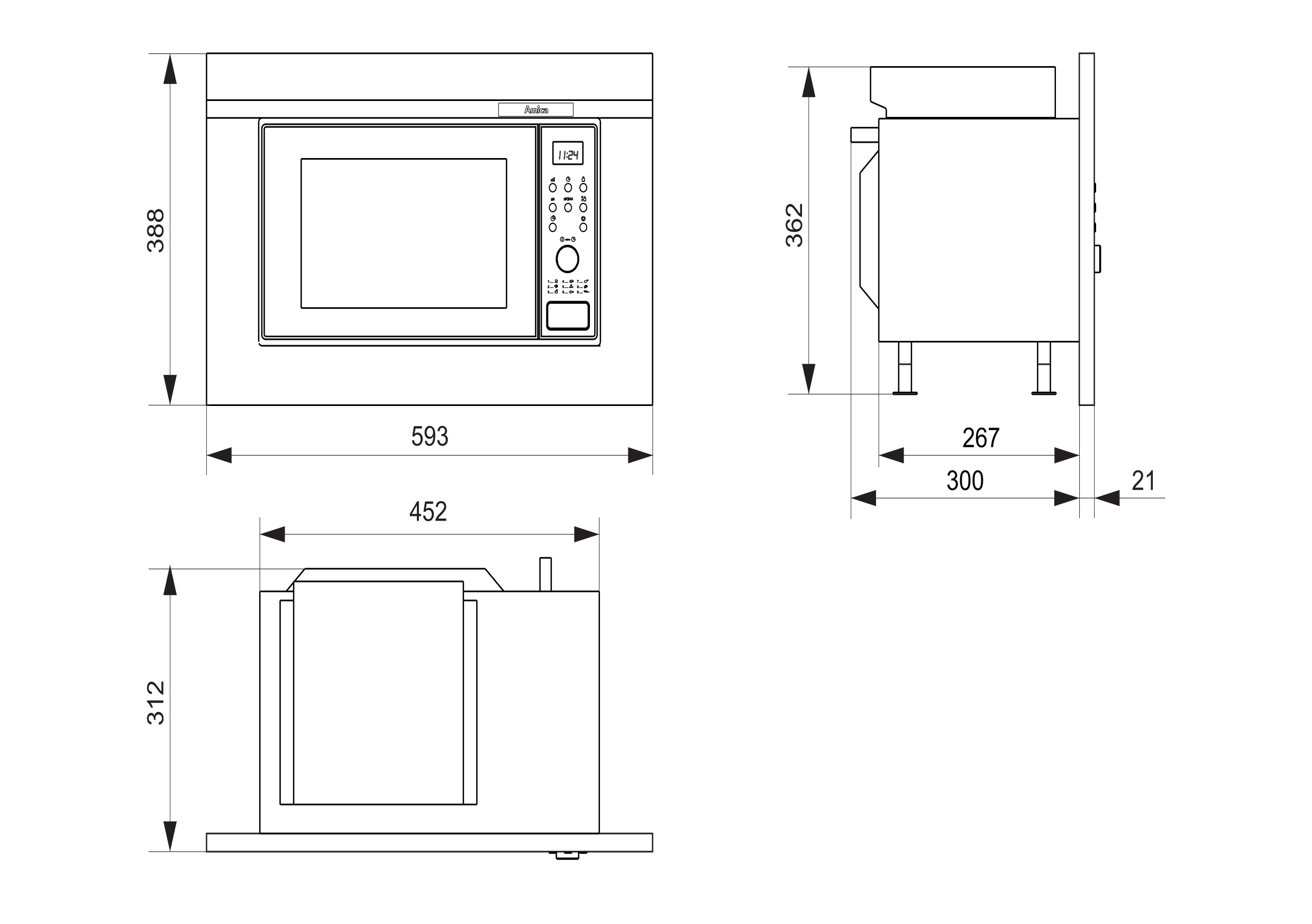 Mikrohullámú sütő diagramja mérésekkel és méretekkel.