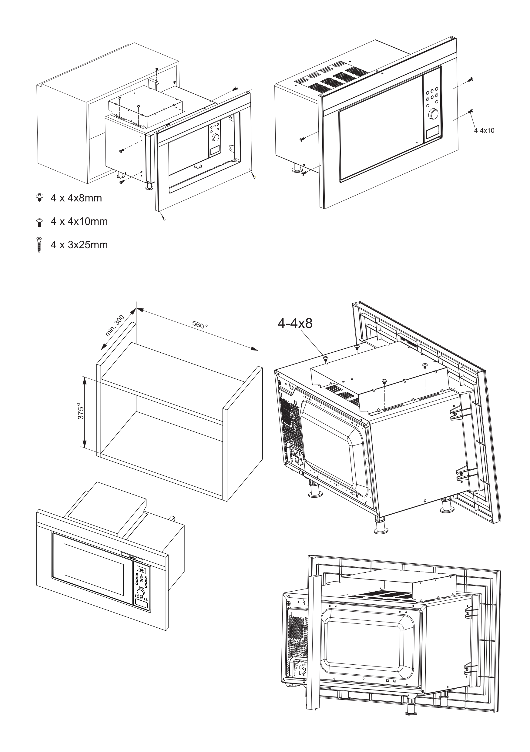 Beépített mikrohullámú sütő diagramja, bemutatva a telepítési lépéseket és méreteket.