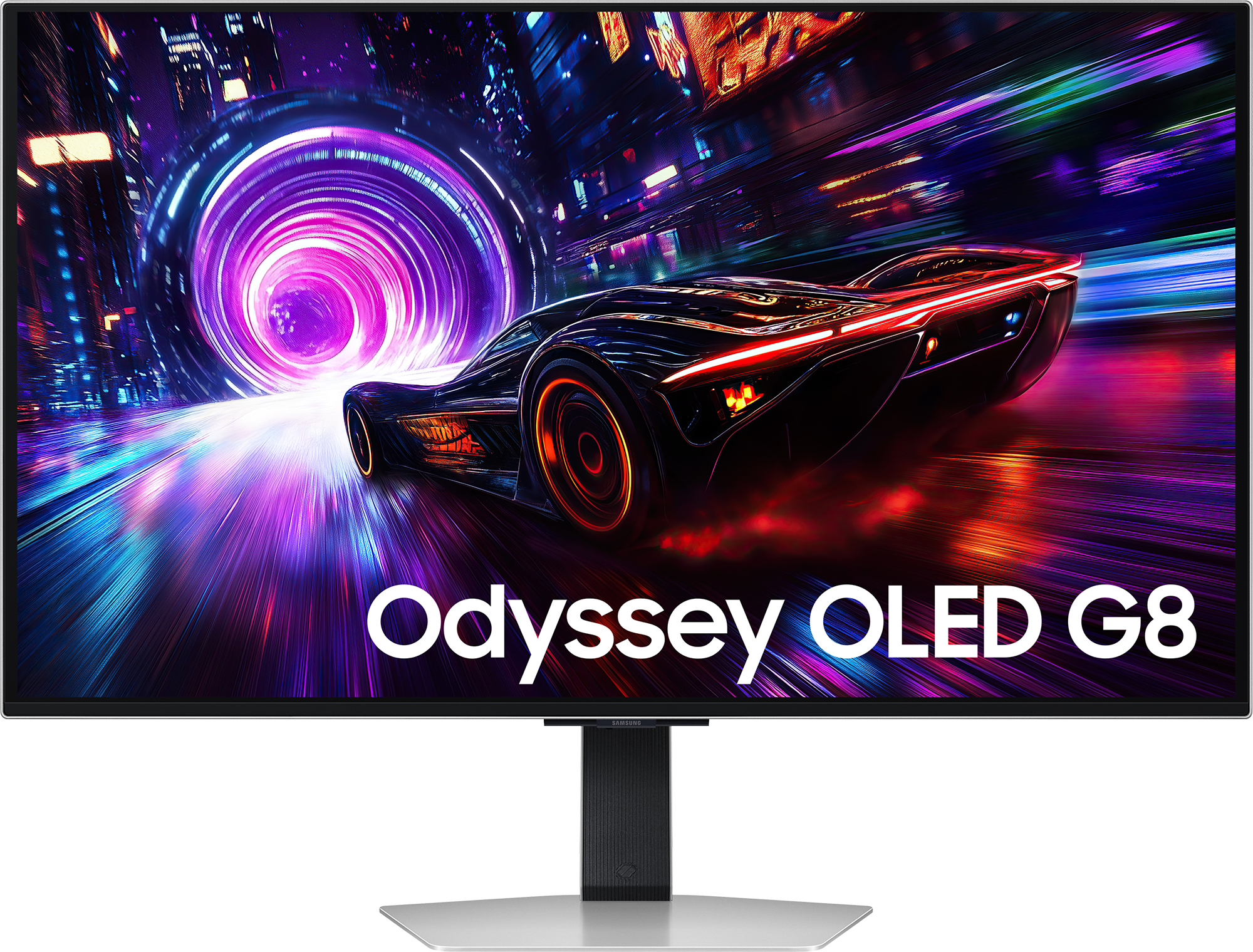 Egy ívelt monitor egy futurisztikus autóverseny-jelenetet jelenít meg színes fényekkel, az 'Odyssey OLED G8' felirattal.