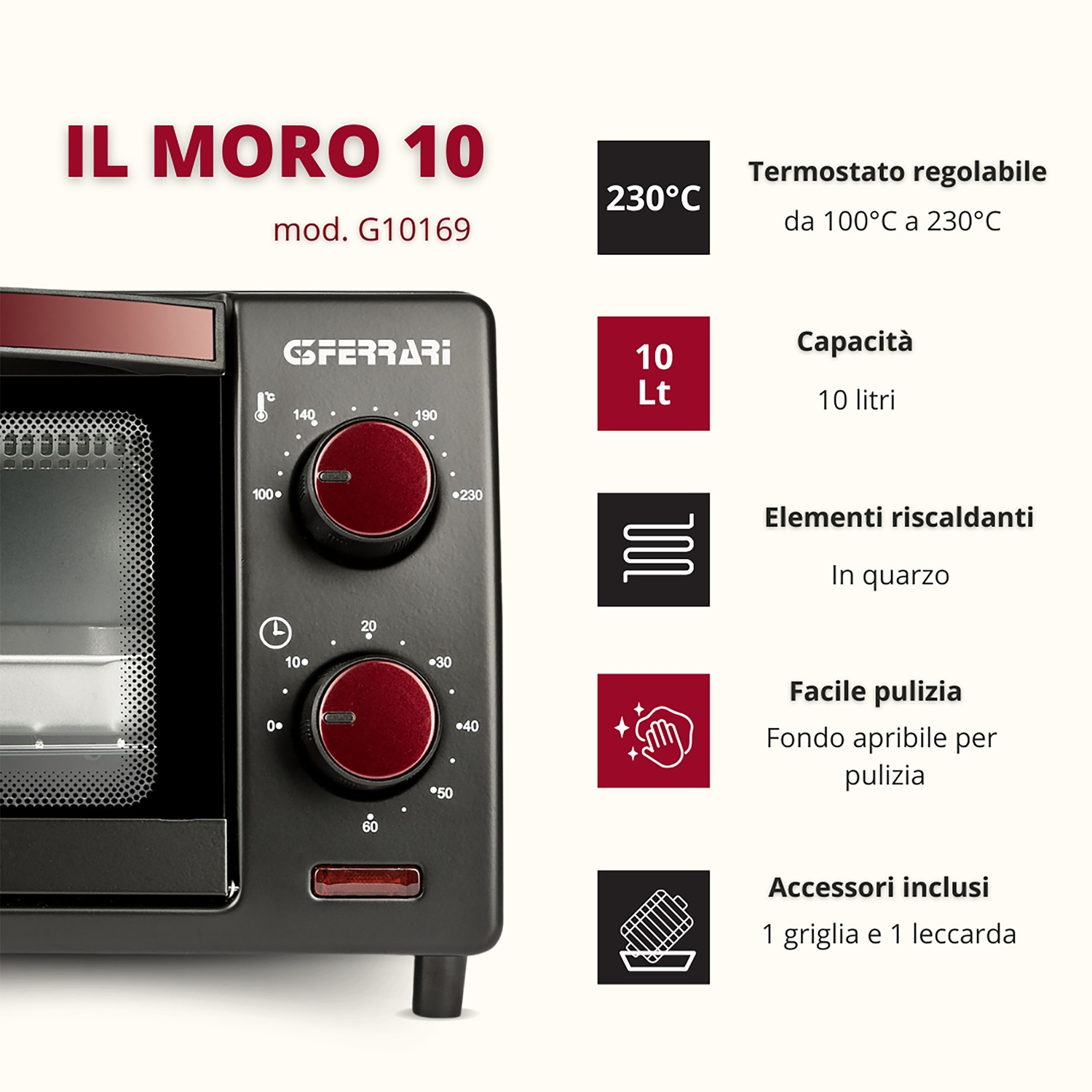 Primo piano di un mini forno nero e rosso con testo e icone.
