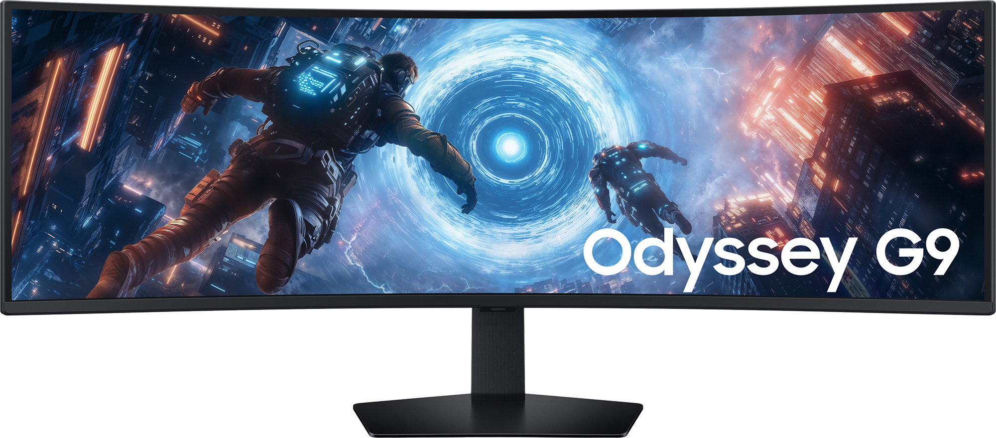 Ultrawide ívelt monitor űrjelenettel és két űrhajóssal. Az Odyssey G9 márkanév látható.