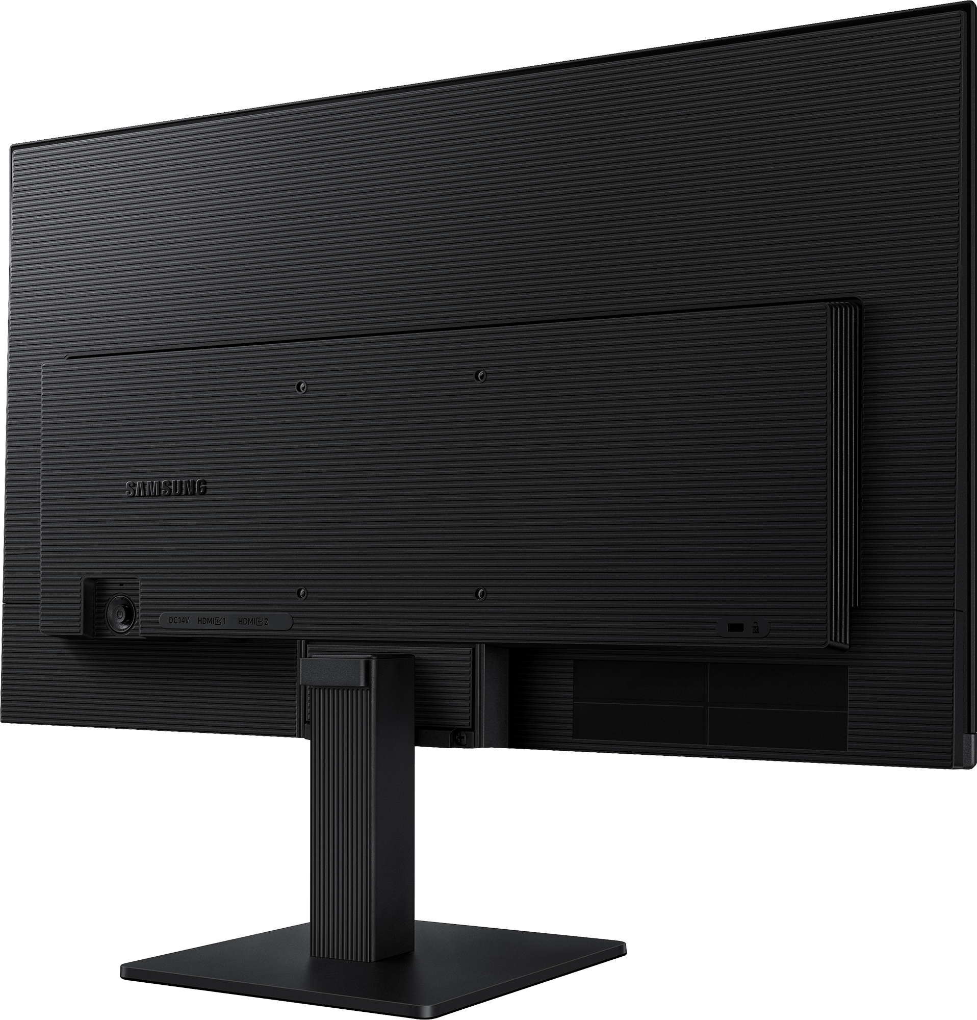 Fekete monitor hátulja portokkal és állvánnyal. A SAMSUNG logó látható.