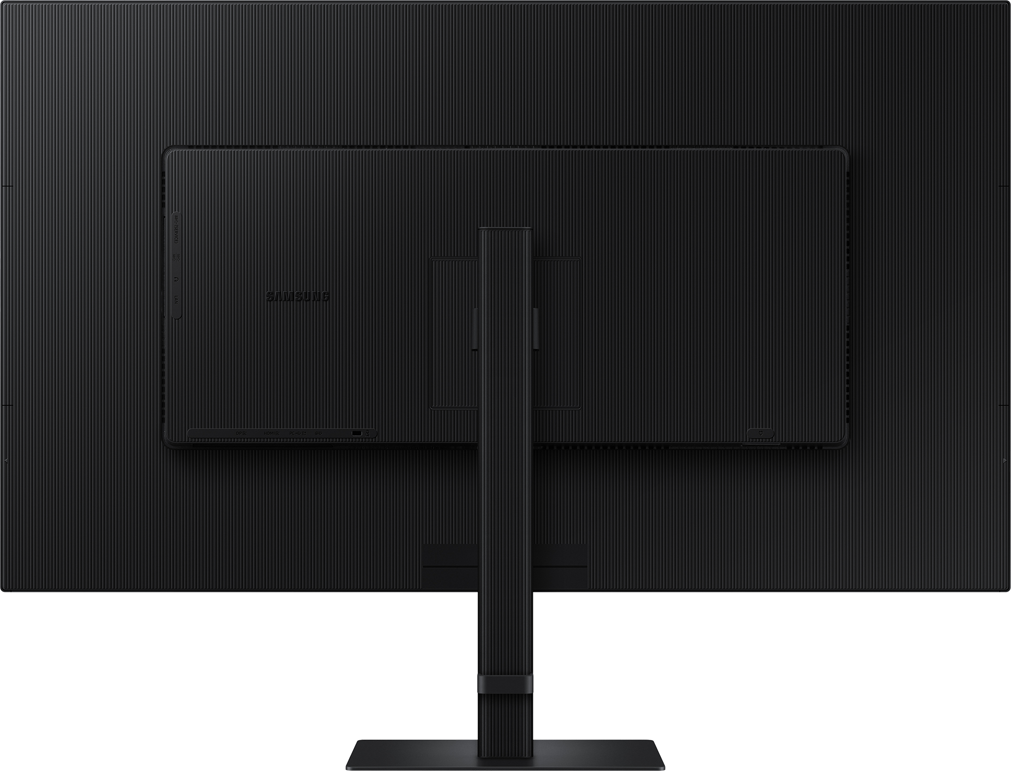 Egy fekete Samsung monitor hátulnézete, csatlakozókkal, állvánnyal és texturált felülettel.