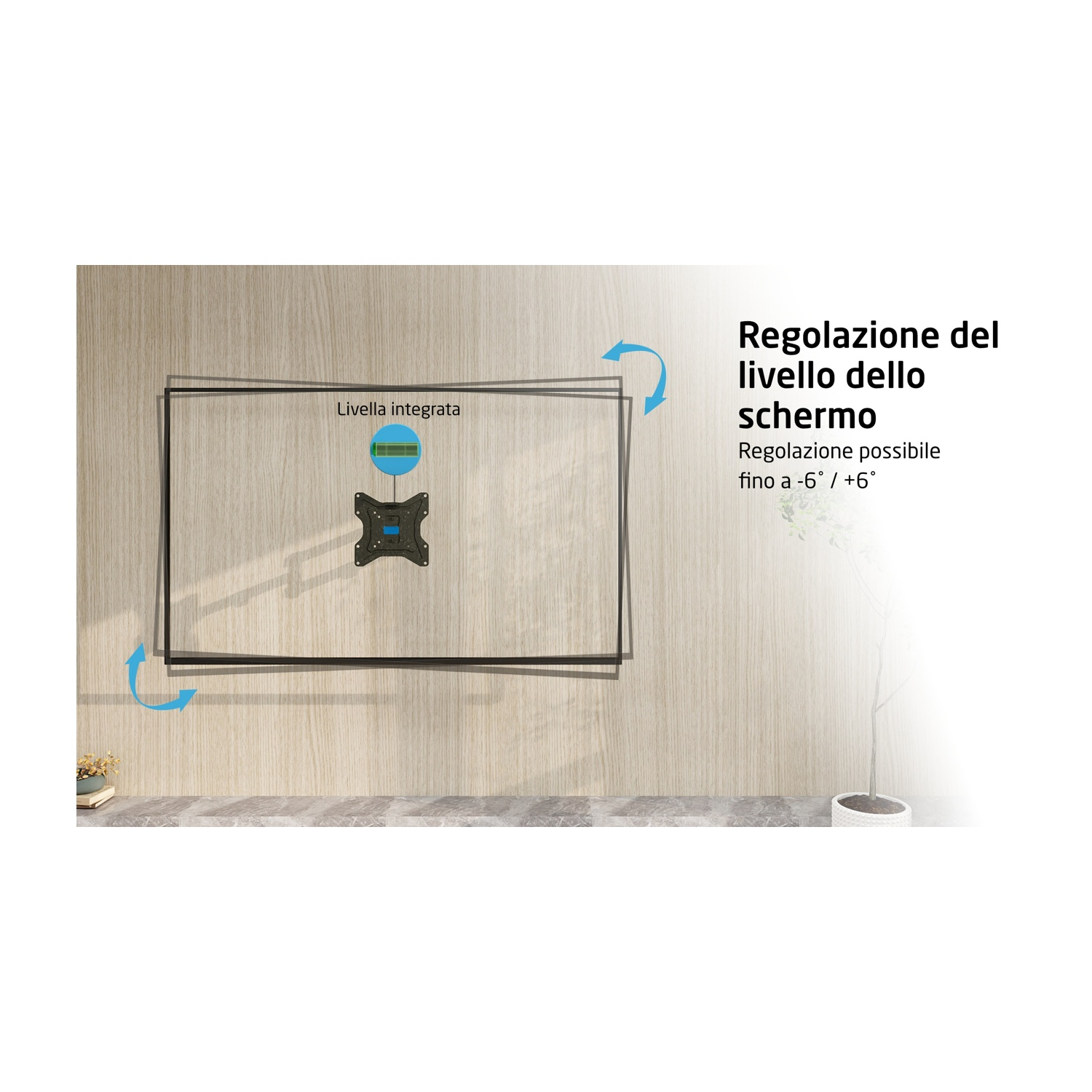 Una staffa TV montata su una parete di legno. La staffa ha una livella e funzioni di regolazione.