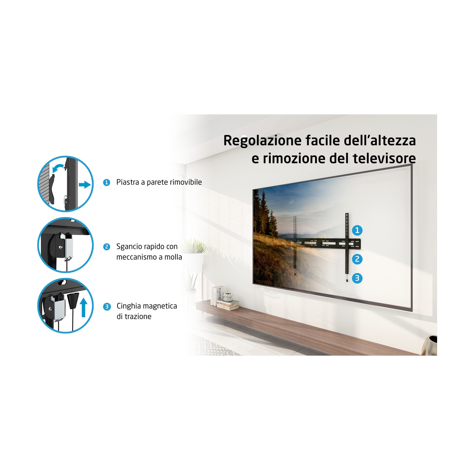 Diagramma con testo sul montaggio TV. Mostra piastra, meccanismo a molla e cinghia.