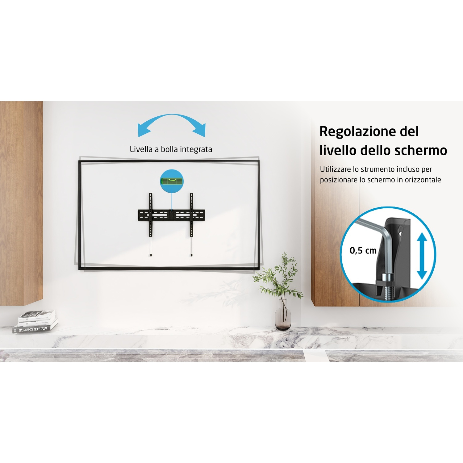 Una TV montata su una parete bianca, con istruzioni sulla regolazione del livello.