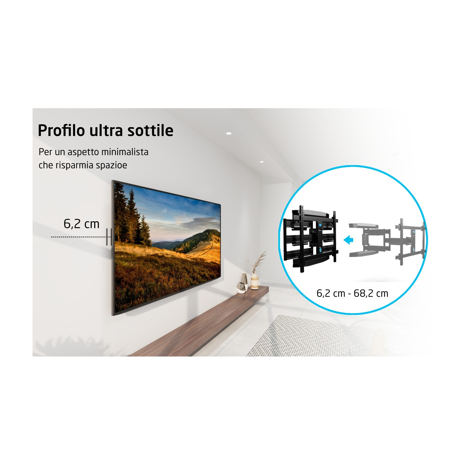 Un televisore montato a parete con una staffa, con testo che indica misure e caratteristiche di design.