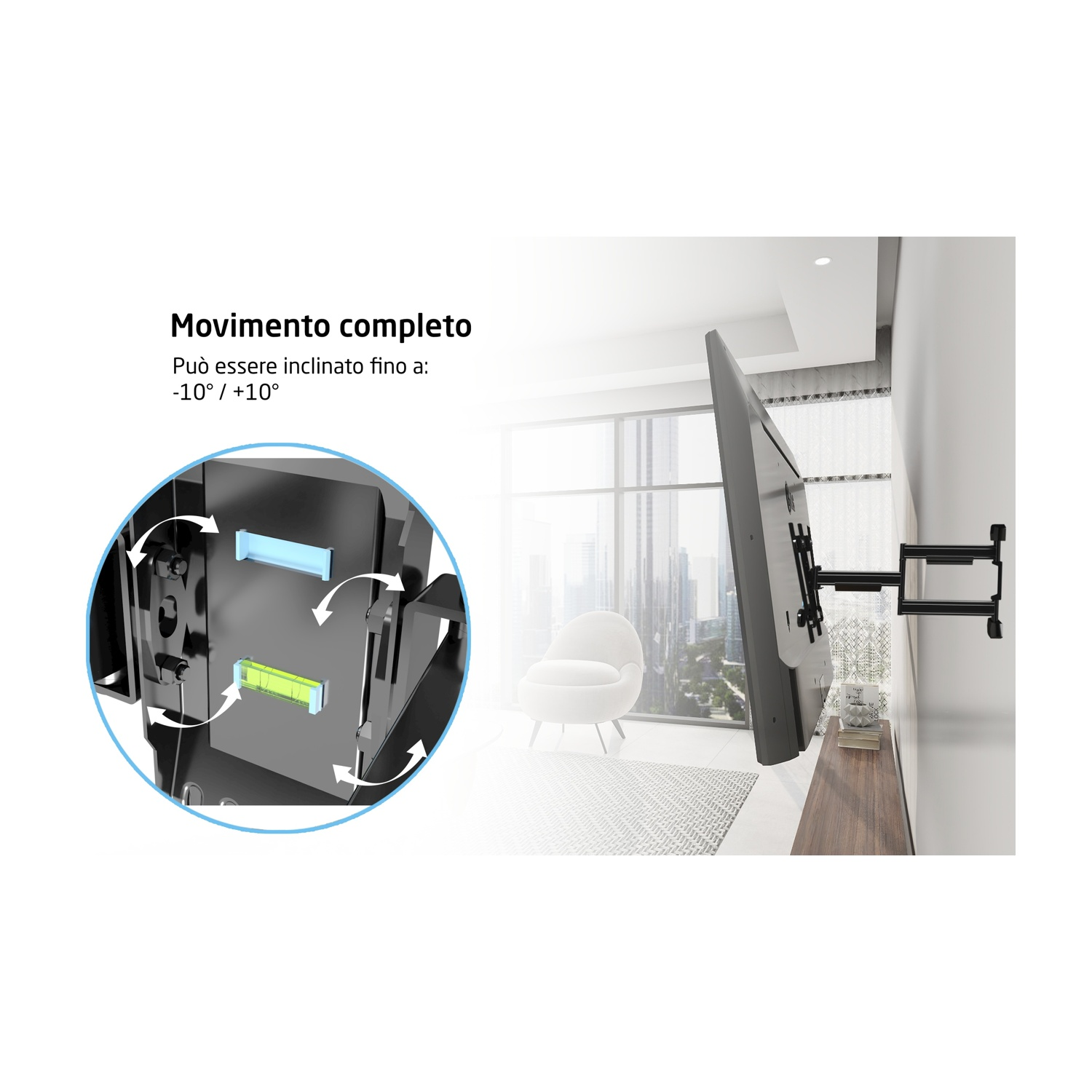 TV montata a parete, con un primo piano del meccanismo di montaggio. Il testo descrive la funzionalità di movimento completo.