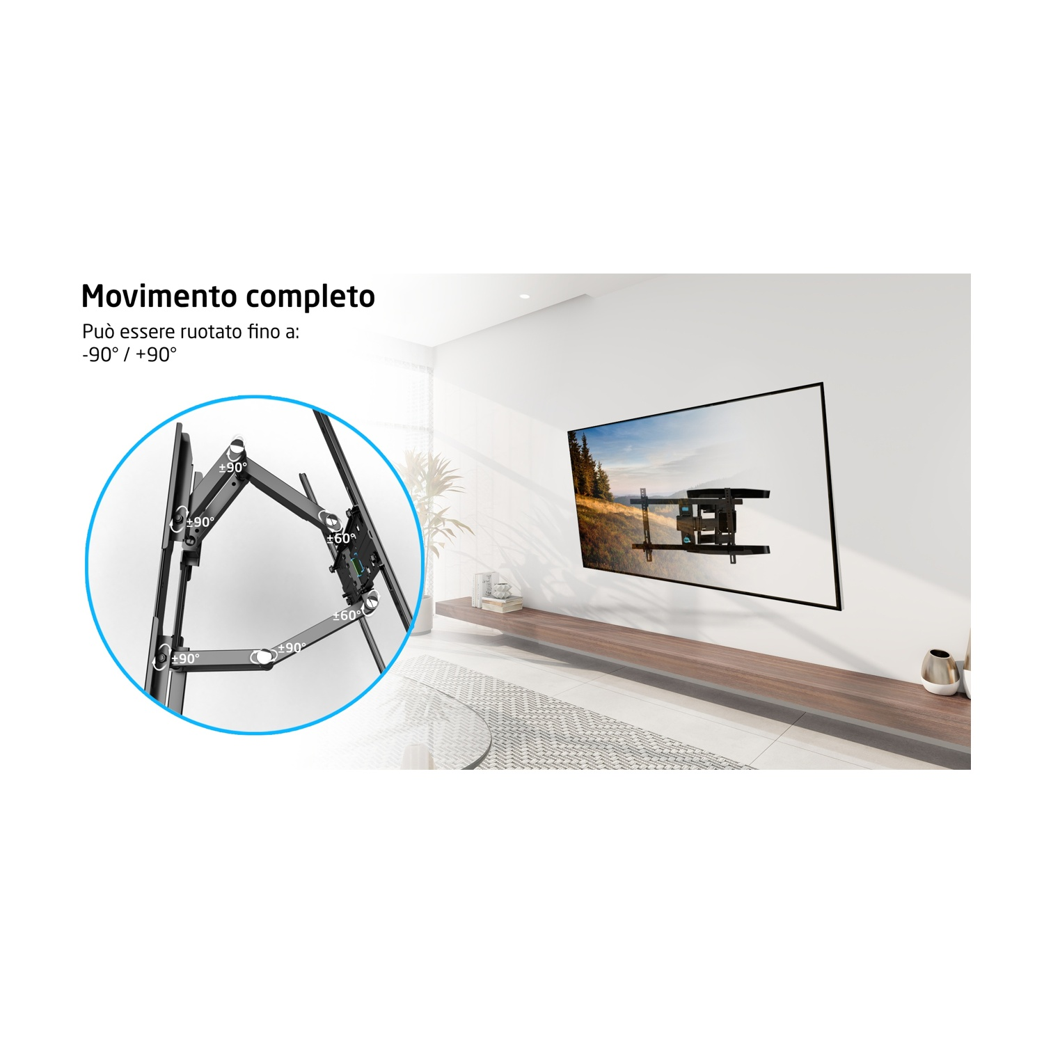 TV su supporto a parete, con un primo piano dell'articolazione del supporto, testo.
