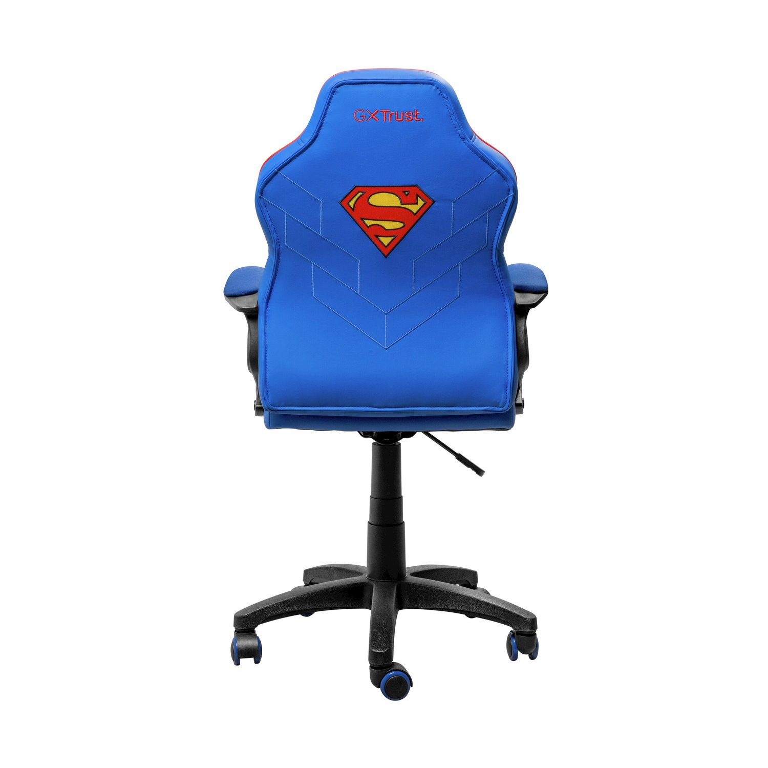 Vista posteriore di sedia gaming Superman blu, logo e base nera.