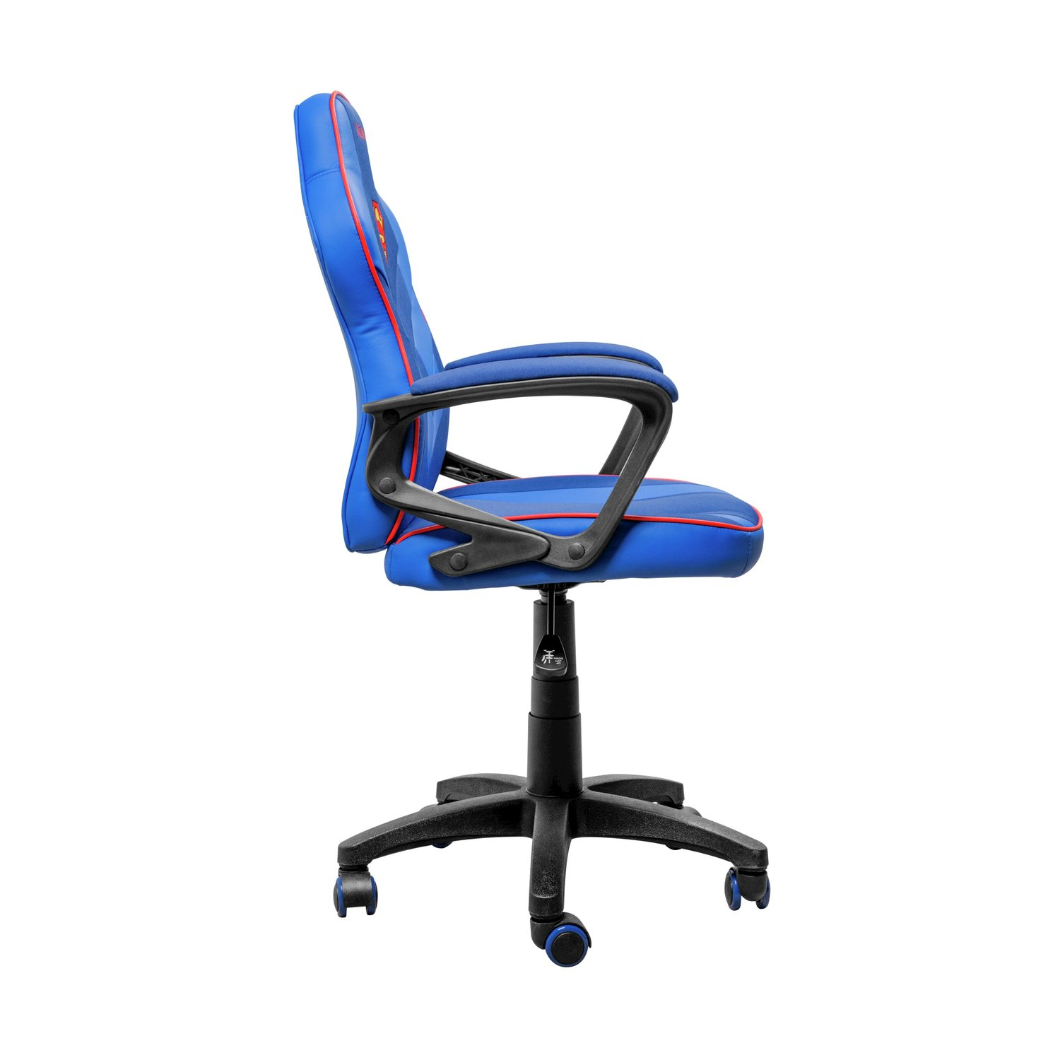 Sedia da gaming blu con dettagli rossi. Base e braccioli neri. Logo supereroe.