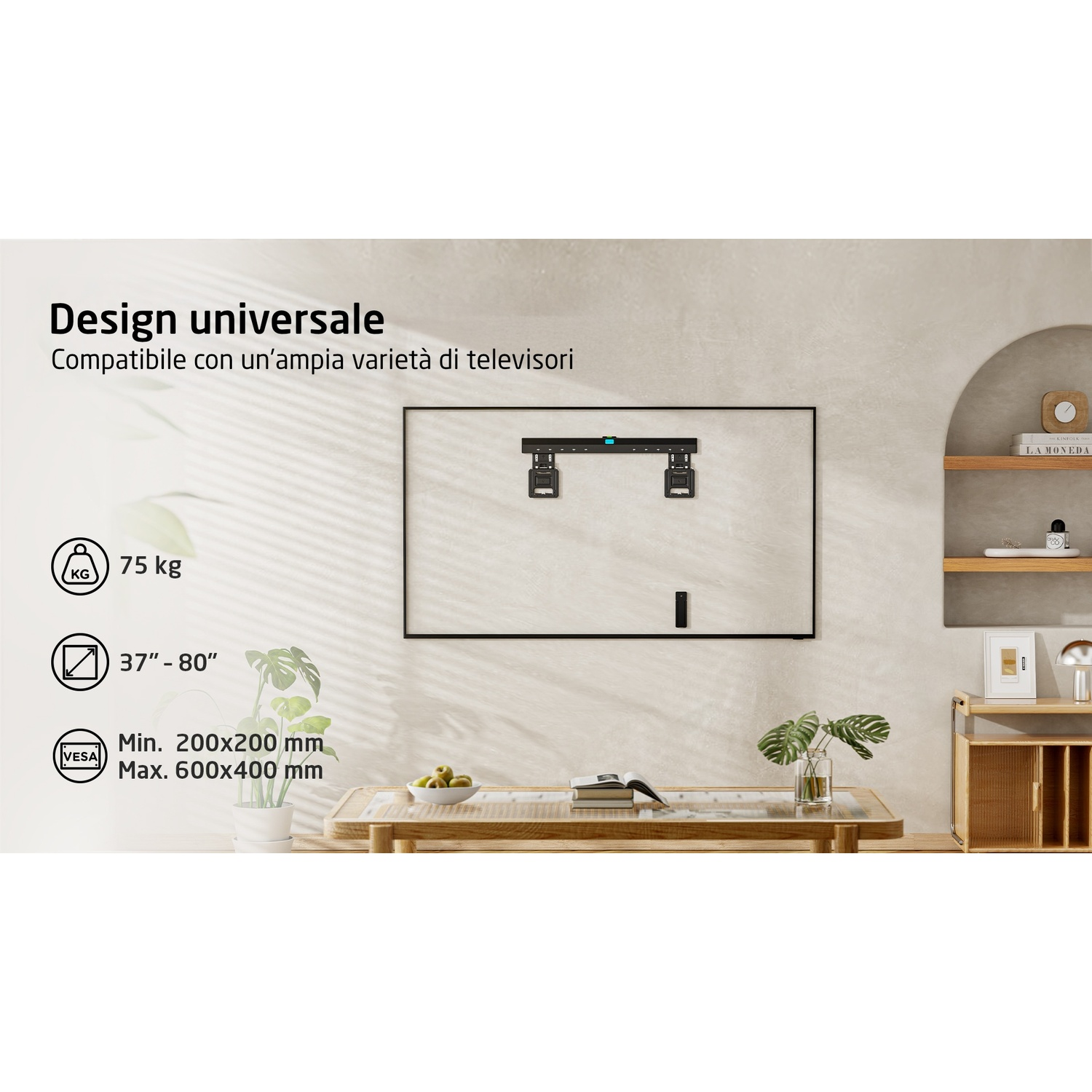 Un televisore montato a parete, con un design universale e informazioni sulle dimensioni.