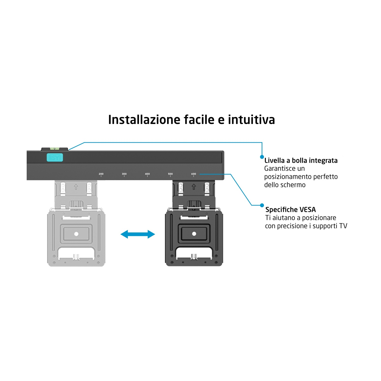Diagramma di un supporto TV. Le frecce mostrano come si inserisce la staffa.