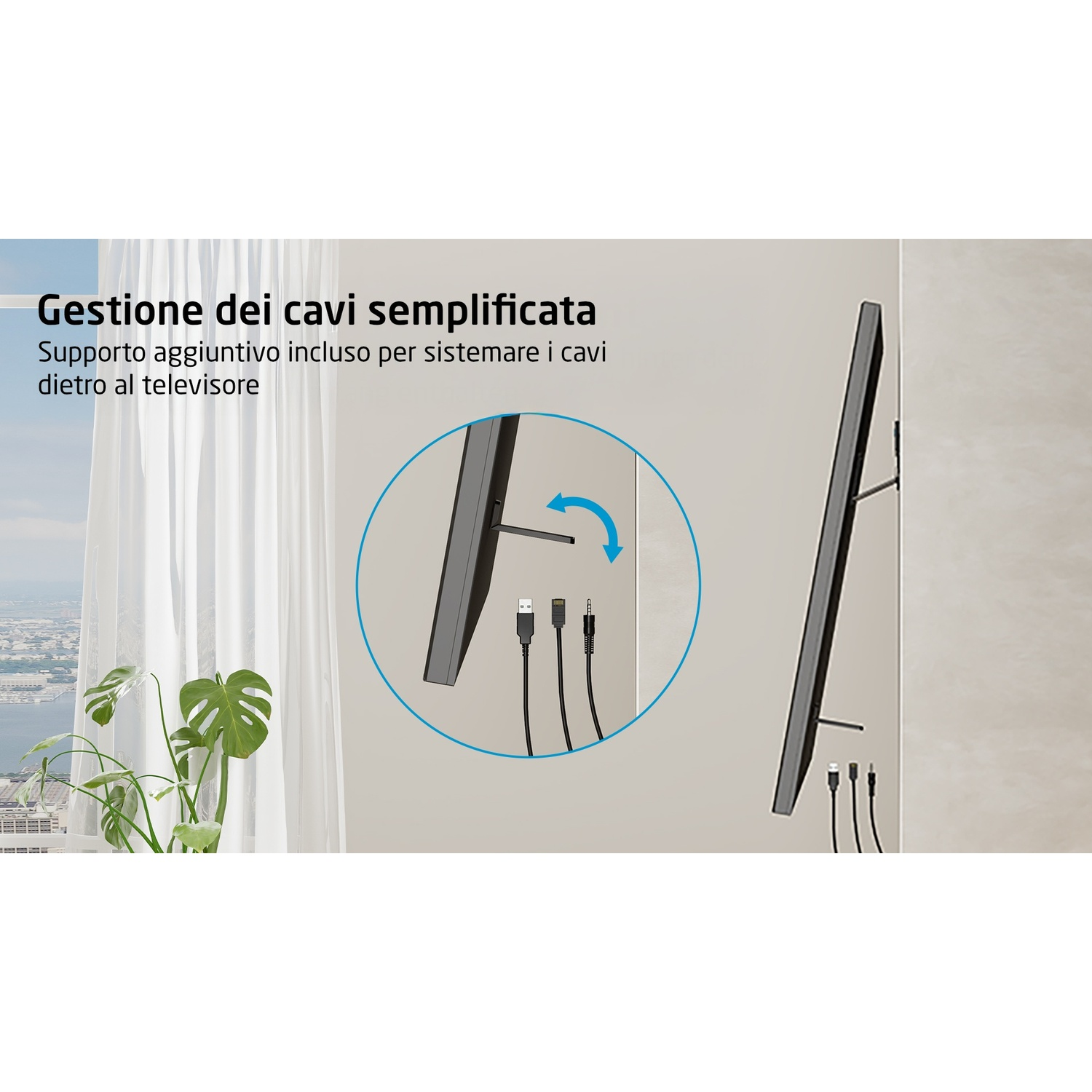 Diagramma che mostra la gestione dei cavi: TV, cavi e supporto aggiuntivo.