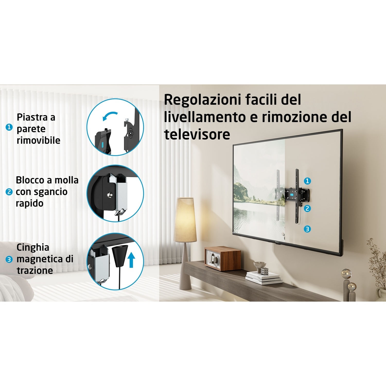 Diagramma che spiega le caratteristiche del supporto a parete TV, inclusa piastra a parete rimovibile e chiusura a molla.