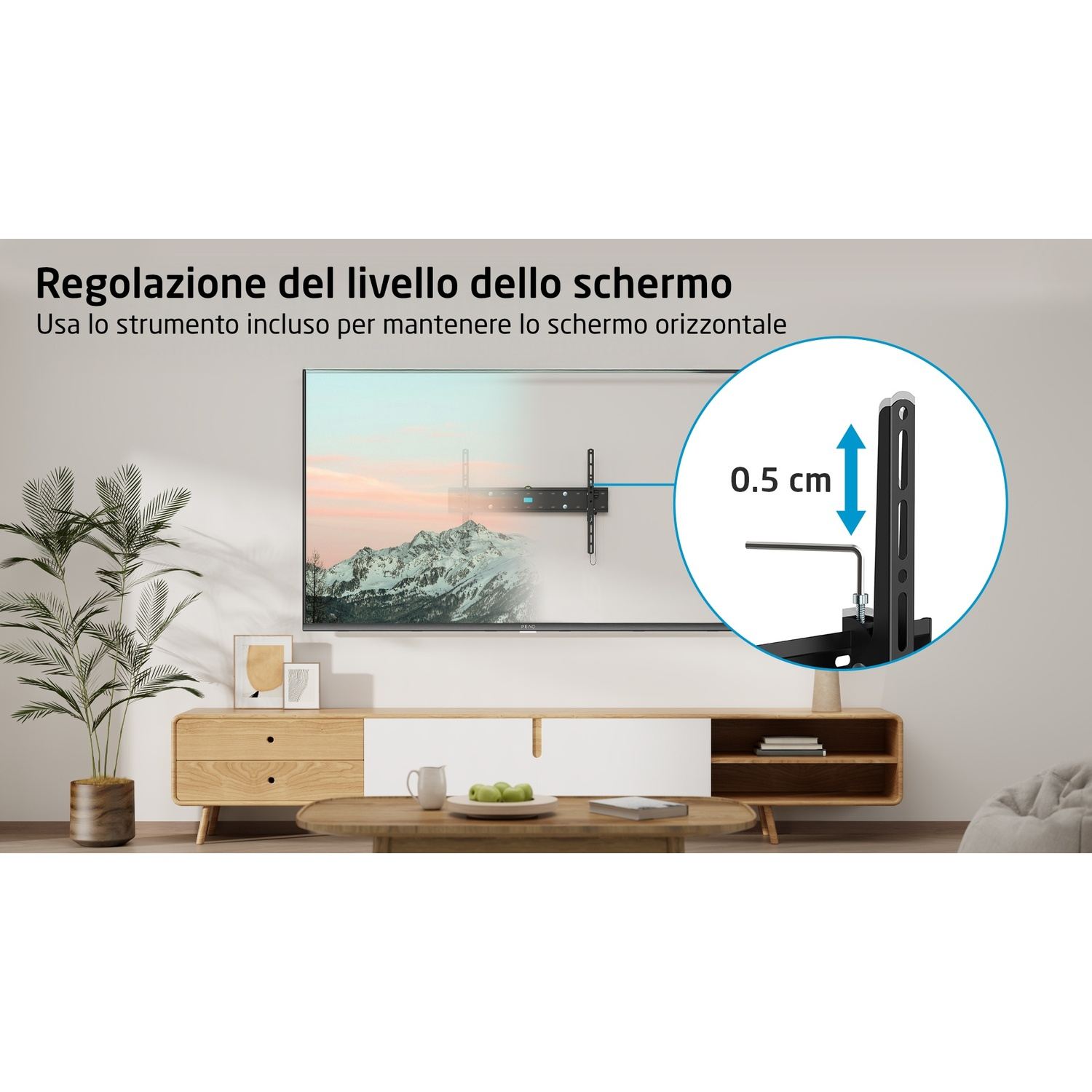 Supporto per schermo TV con strumento di regolazione del livello.