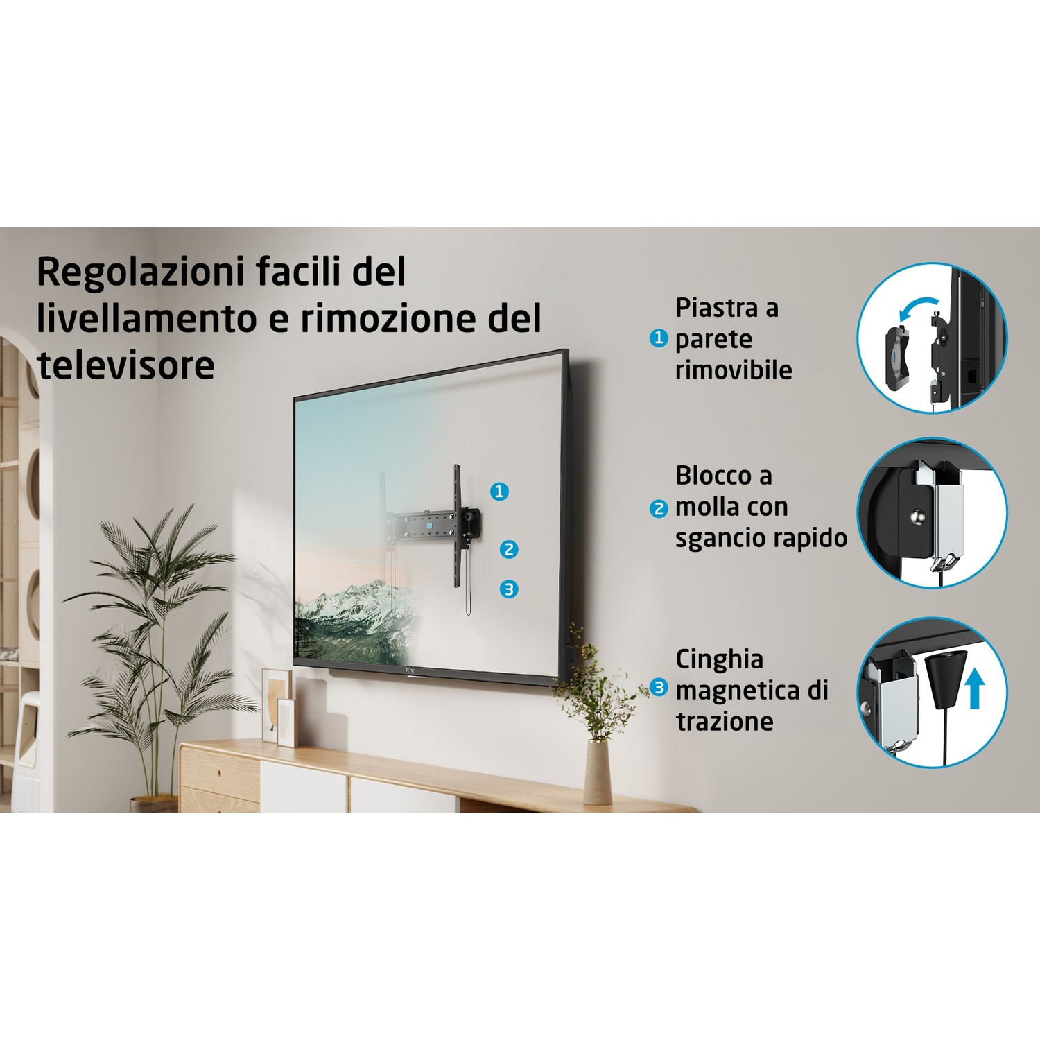 TV montata a parete con dettagli del sistema di montaggio e delle parti, e una pianta.