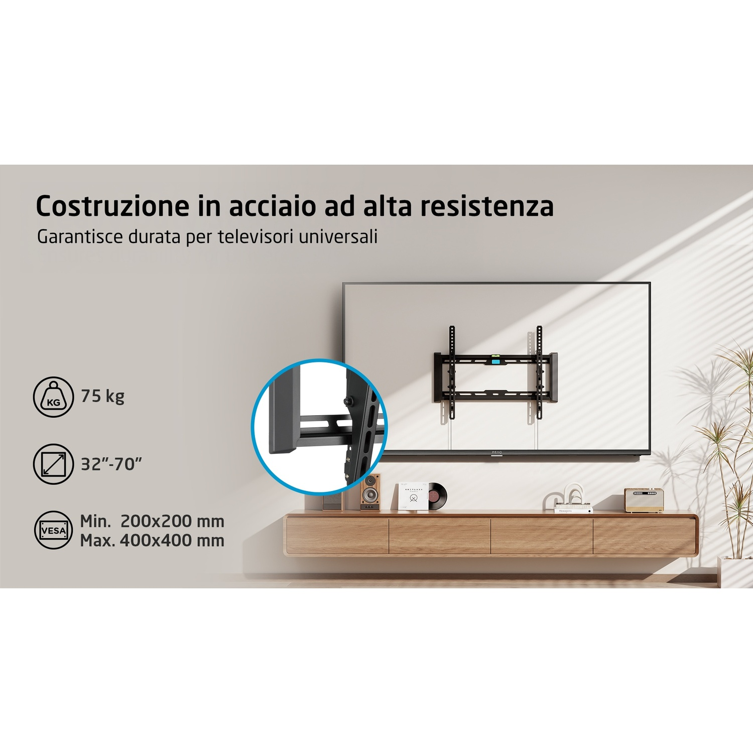 Quattro viste diverse di una TV nera con supporto.
